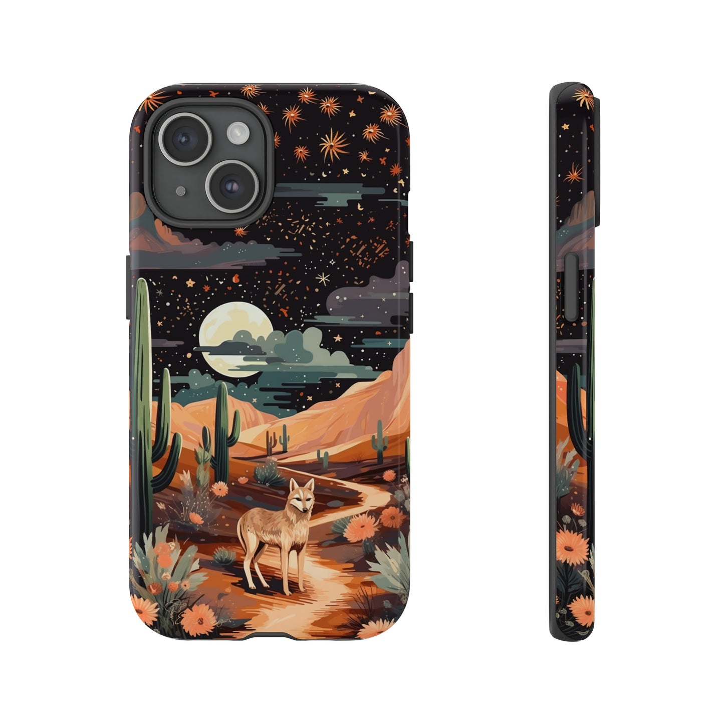 Introducing our Tough Western Cell Phone Case: Twilight Desert Jackal Remix Edition! A variation of our popular design, this edition features a jackal in a desert landscape with a starry night sky and cacti. Get ready for a unique twist on classic rugged protection.