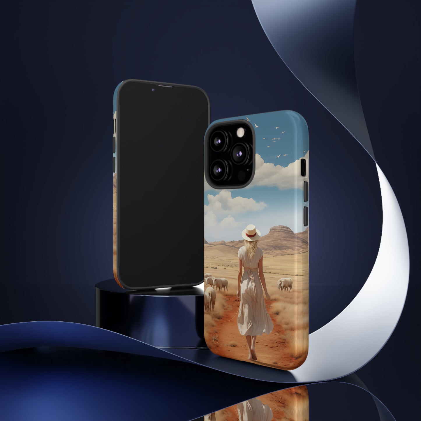 Serenity in Hand: Our Tough Western Cell Phone Case invites you to experience tranquility. A vintage painted design portrays a woman in a skirt and hat walking on a dirt road through a prairie, with grazing sheep. Let the vanishing horizon captivate your senses. Elevate your phone with timeless beauty. #ElizaSinger #PhoneCase