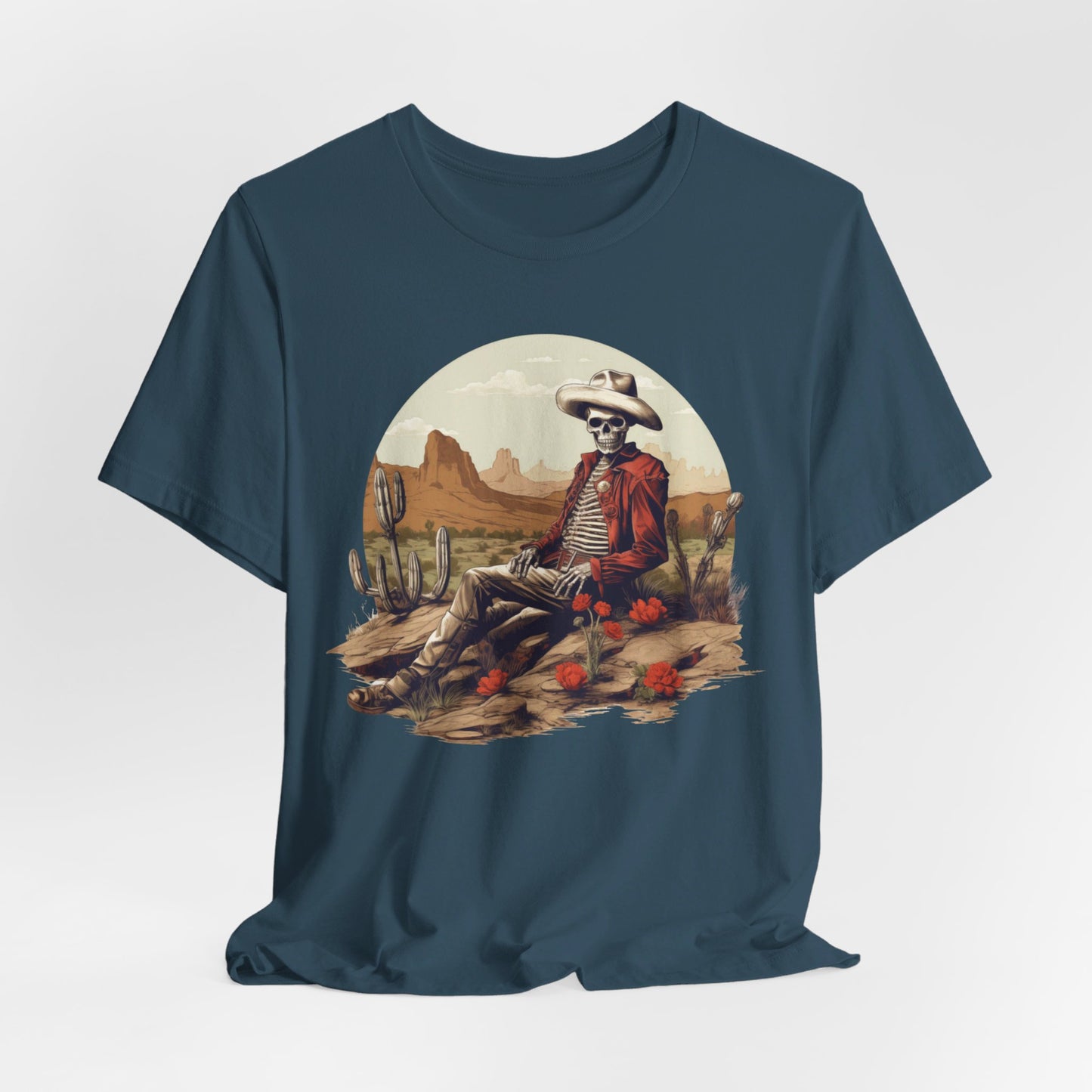 Skeleton Cowboy in Desert: Red Blazer Bella Canvas T-shirt