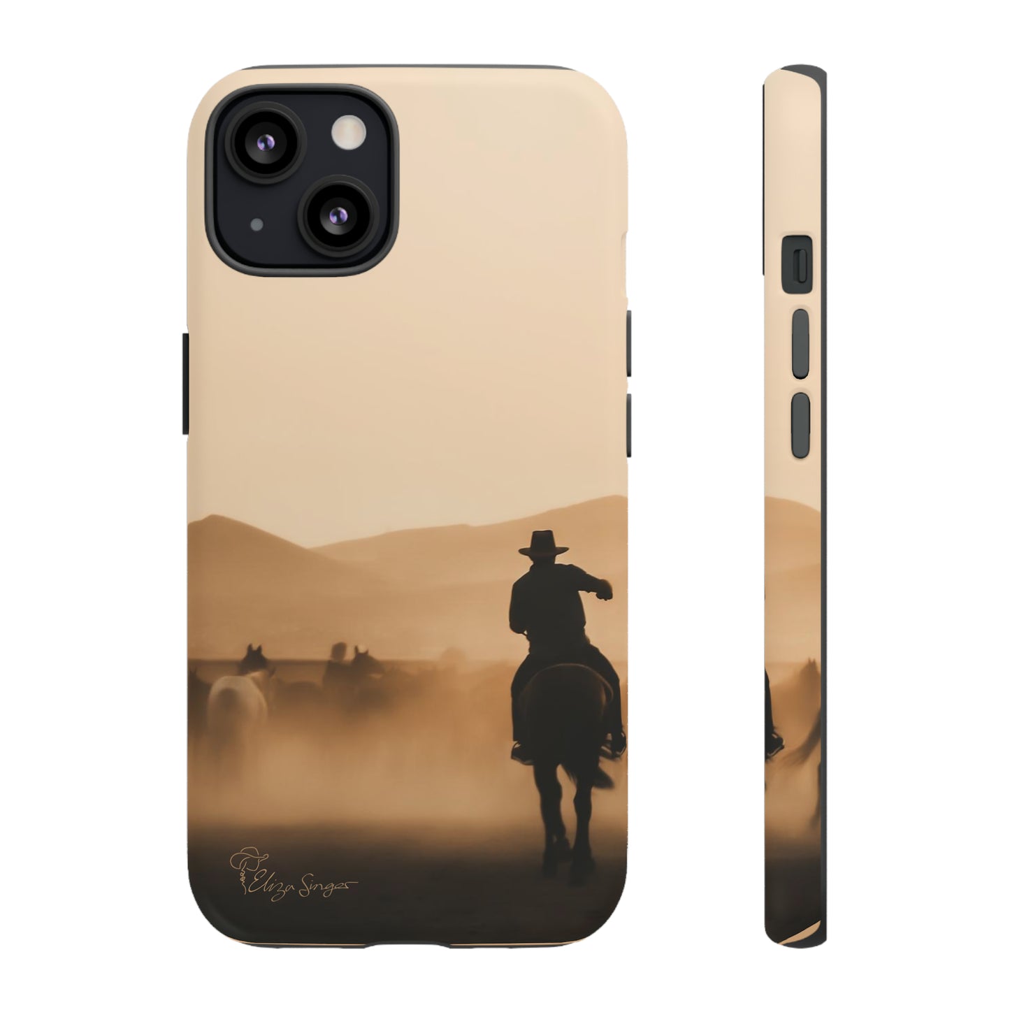 Capture the Western Spirit: Horse Art Western Photo Yellowstone Design iPhone Tough Protective Cover. Featuring a Cowboy amidst Mountains and Buckskin hues. Compatible with iPhone 15, 14, 13, XS, XR Pro/Max/Mini/P/Plus. Bring the Wild West to Your Device with Style and Durability. #ElizaSinger #PhoneCase #WesternDesign