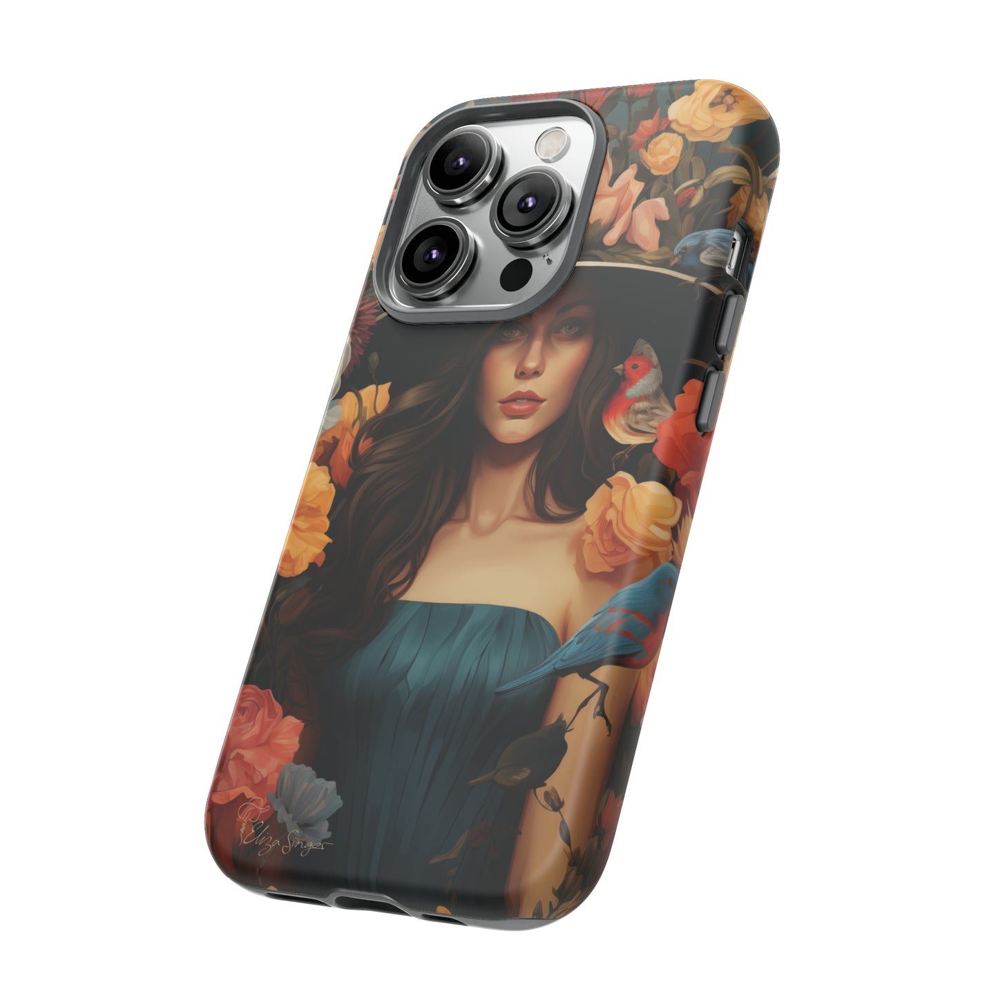 Dark Elegance Unveiled: Explore our Tough Cell Phone Case with a captivating dark background and a woman adorned with a hat amid blooming flowers. This edition seamlessly blends sophistication with robust protection, showcasing the allure of dark elegance. Elevate your style and shield your device. #ElizaSinger #PhoneCase #ElegantProtection