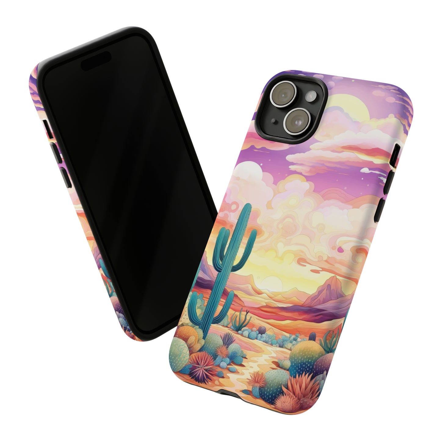 Introducing our Western Tough Cell Phone Case: Psychedelic Desert Dream Edition! Step into a surreal world with a psychedelic desert landscape, dreamy sky, and cactus. This case combines rugged protection with a touch of otherworldly charm.