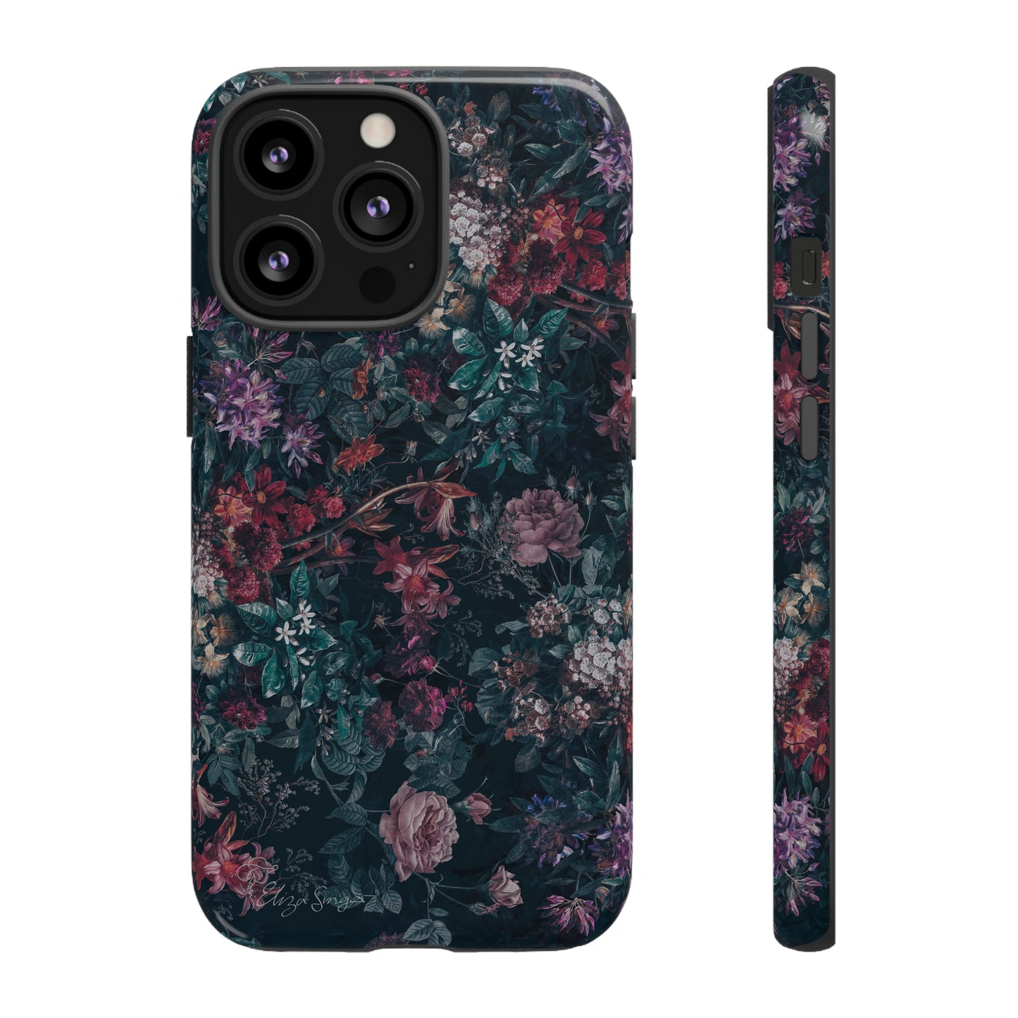 Blooms in Shadows: Botany Floral Dark iPhone Tough Protective Cover. A captivating blend of Flowers in a muted design, compatible with iPhone 15, 14, 13, 12, 11, XS, XR Pro/Max/Mini/P/Plus. Unleash Nature's Elegance with Durability and Style. #ElizaSinger #PhoneCase #FloralDesign