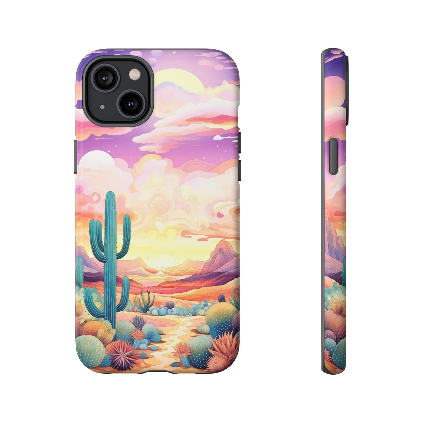 Introducing our Western Tough Cell Phone Case: Psychedelic Desert Dream Edition! Step into a surreal world with a psychedelic desert landscape, dreamy sky, and cactus. This case combines rugged protection with a touch of otherworldly charm.