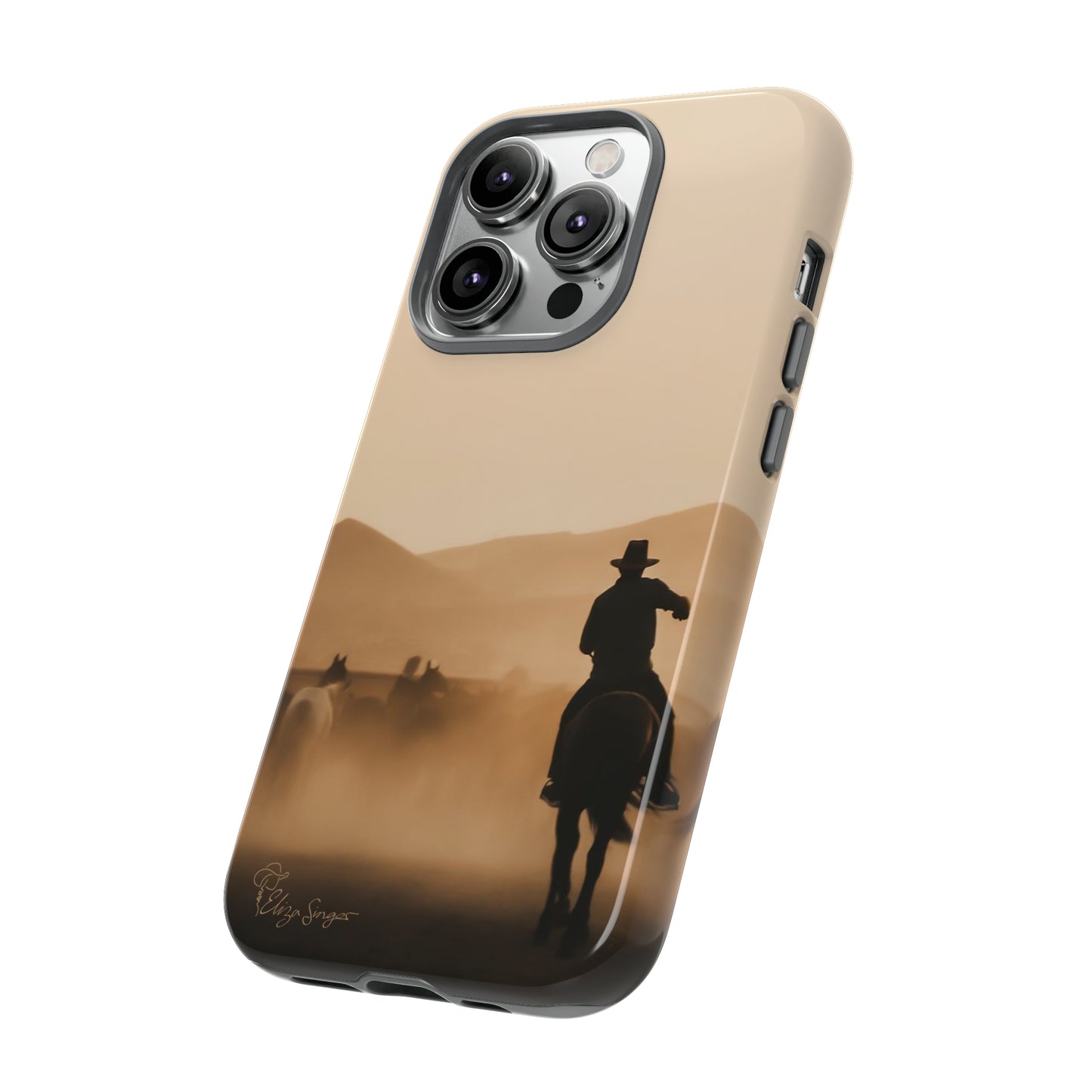 Capture the Western Spirit: Horse Art Western Photo Yellowstone Design iPhone Tough Protective Cover. Featuring a Cowboy amidst Mountains and Buckskin hues. Compatible with iPhone 15, 14, 13, XS, XR Pro/Max/Mini/P/Plus. Bring the Wild West to Your Device with Style and Durability. #ElizaSinger #PhoneCase #WesternDesign