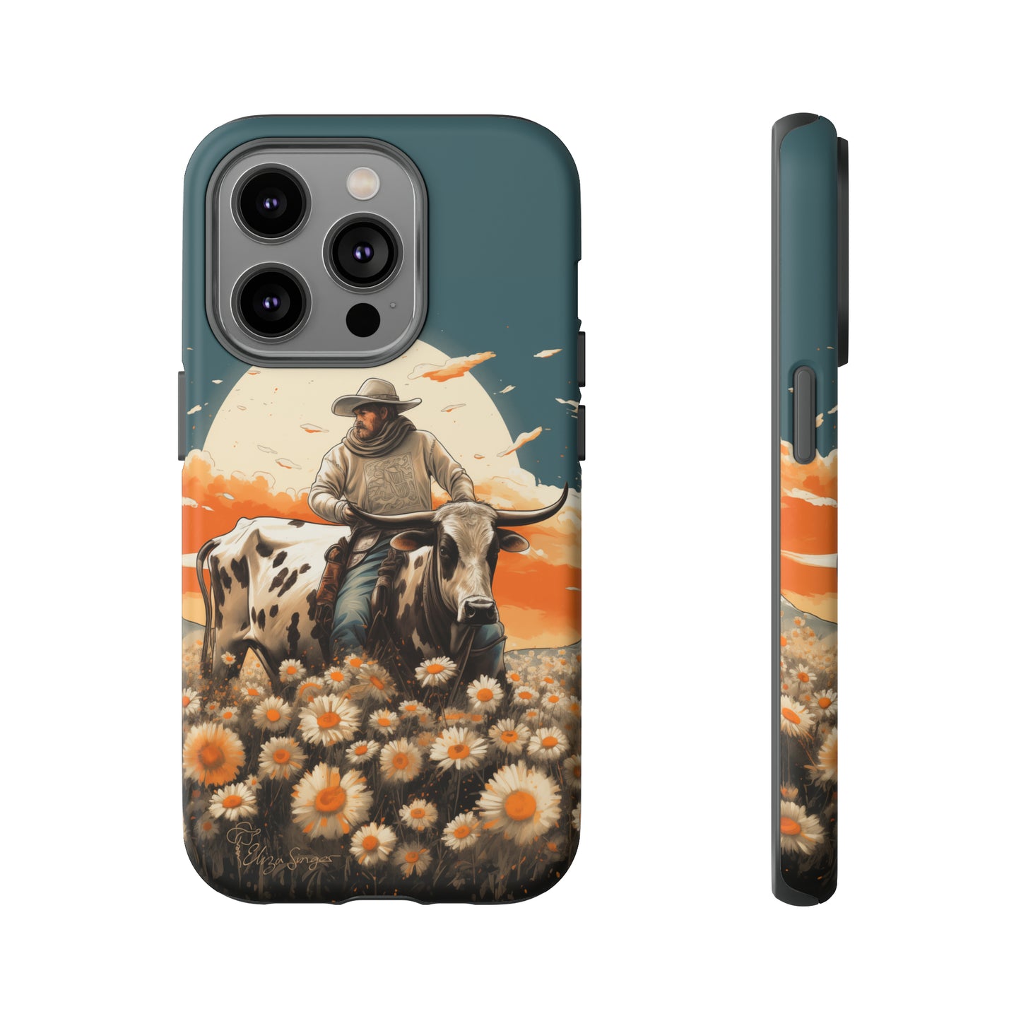 Harmony of Contrasts: Dive into our Tough Cell Phone Case, a visual symphony featuring a bullrider on a black and white dairy cow amidst a vibrant field of flowers. This edition effortlessly merges toughness with artistic flair, offering a unique and captivating contrast. Elevate your phone with rugged elegance. #ElizaSinger #PhoneCase #ContrastHarmony