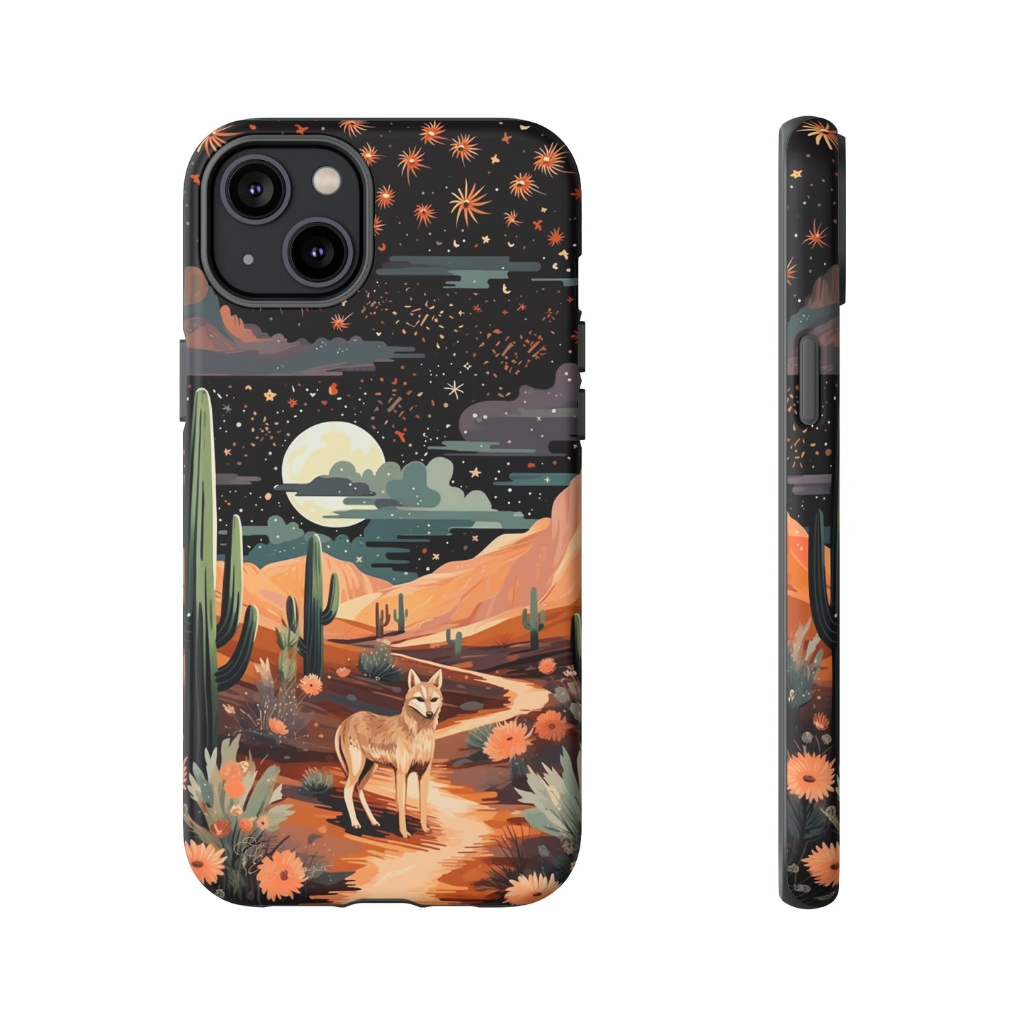 Introducing our Tough Western Cell Phone Case: Twilight Desert Jackal Remix Edition! A variation of our popular design, this edition features a jackal in a desert landscape with a starry night sky and cacti. Get ready for a unique twist on classic rugged protection.