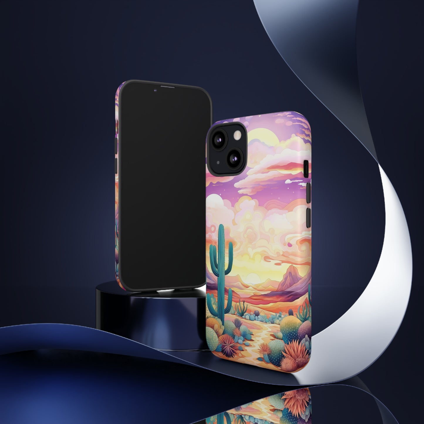 Introducing our Western Tough Cell Phone Case: Psychedelic Desert Dream Edition! Step into a surreal world with a psychedelic desert landscape, dreamy sky, and cactus. This case combines rugged protection with a touch of otherworldly charm.