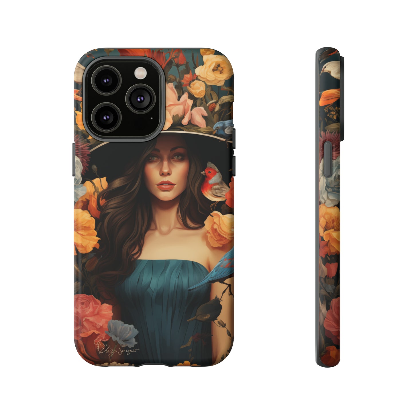 Dark Elegance Unveiled: Explore our Tough Cell Phone Case with a captivating dark background and a woman adorned with a hat amid blooming flowers. This edition seamlessly blends sophistication with robust protection, showcasing the allure of dark elegance. Elevate your style and shield your device. #ElizaSinger #PhoneCase #ElegantProtection
