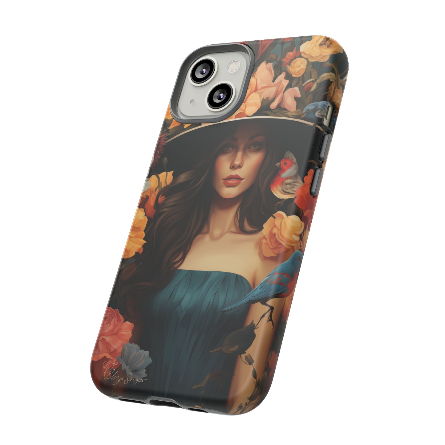 Dark Elegance Unveiled: Explore our Tough Cell Phone Case with a captivating dark background and a woman adorned with a hat amid blooming flowers. This edition seamlessly blends sophistication with robust protection, showcasing the allure of dark elegance. Elevate your style and shield your device. #ElizaSinger #PhoneCase #ElegantProtection