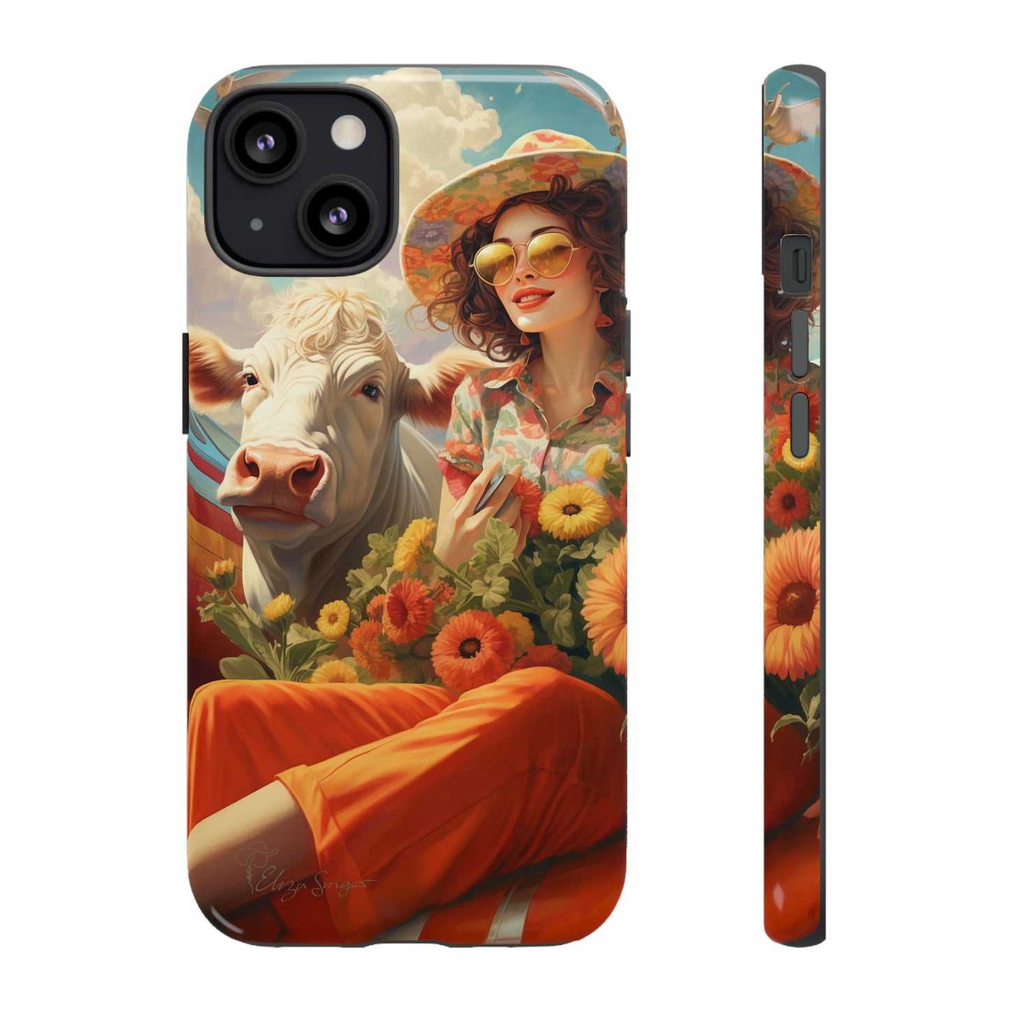 Timeless Retro Charm: Step back in time with our Tough Western Cell Phone Case. Featuring a vintage and bright design, a woman in a hat with daisies is accompanied by a cow looking over her shoulder. Experience the perfect blend of retro aesthetics and durability. Elevate your style with a touch of nostalgia. #ElizaSinger #PhoneCase #RetroStyle
