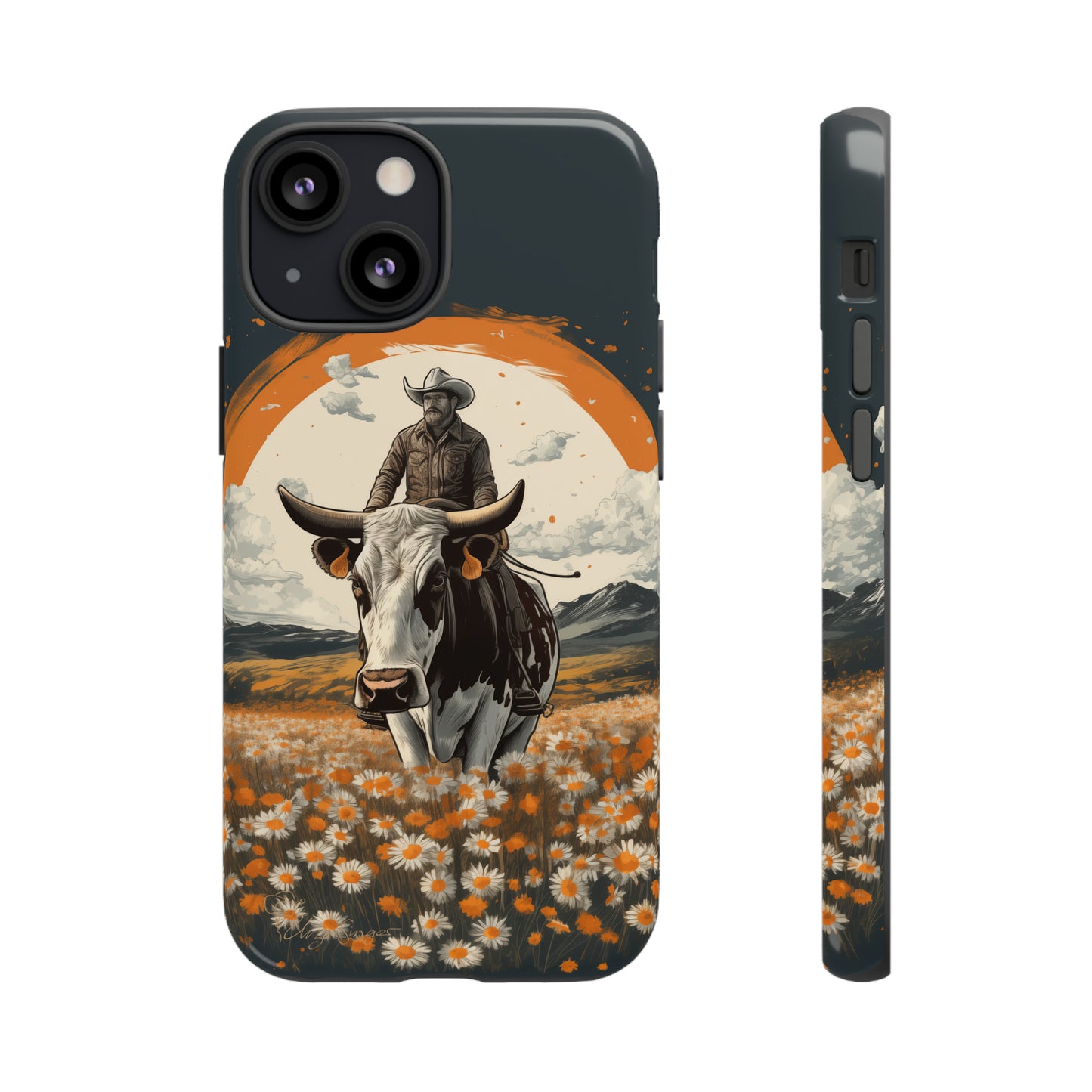 Meet 'Rugged Wrangler': Introducing our Tough Western Cell Phone Case. This unique design seamlessly combines rugged protection with a touch of whimsy, showcasing a fearless cowboy astride a dairy cow amidst a field of vibrant daisies. Elevate your style with this adventurous and protective accessory. #ElizaSinger #PhoneCase #RuggedWrangler