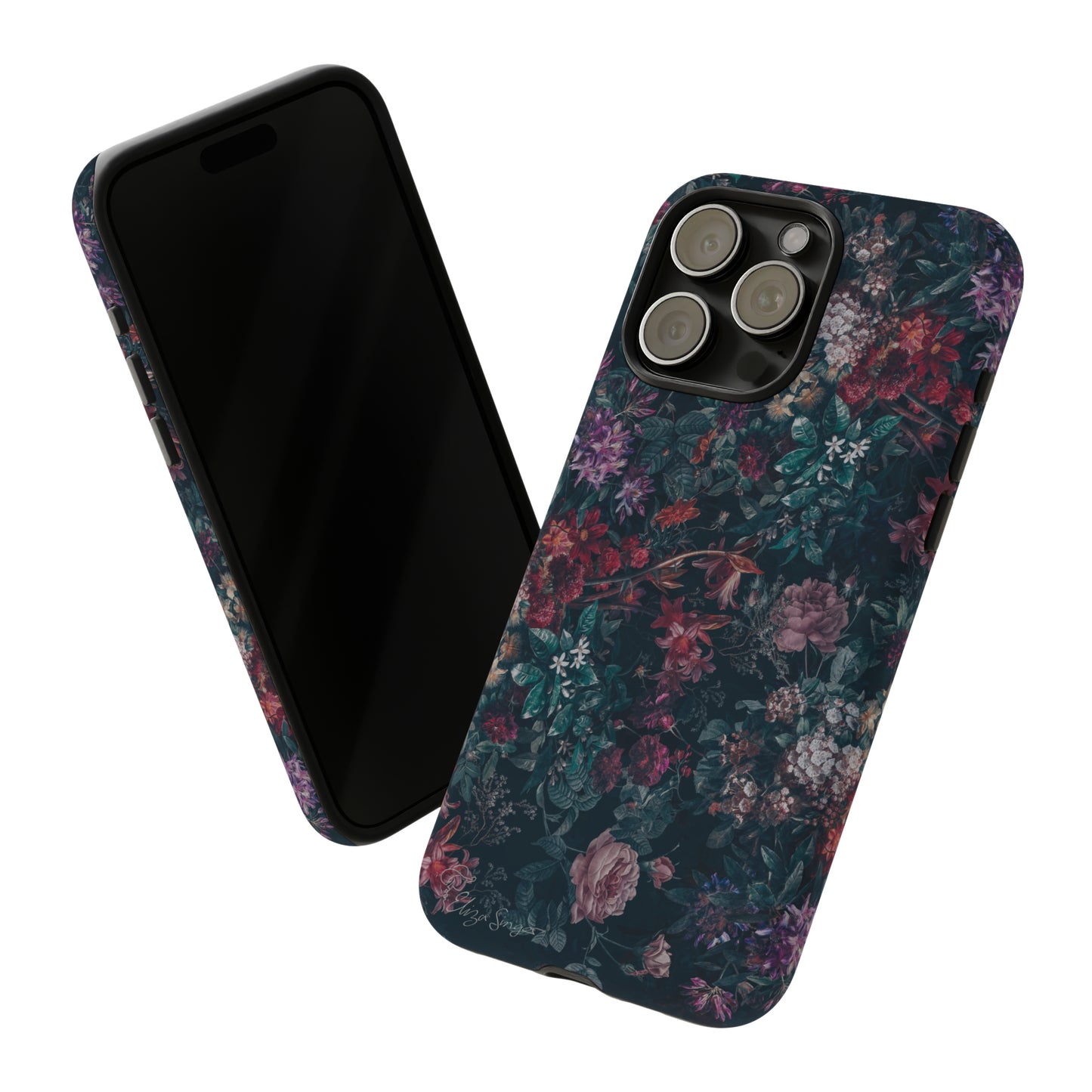 Blooms in Shadows: Botany Floral Dark iPhone Tough Protective Cover. A captivating blend of Flowers in a muted design, compatible with iPhone 15, 14, 13, 12, 11, XS, XR Pro/Max/Mini/P/Plus. Unleash Nature's Elegance with Durability and Style. #ElizaSinger #PhoneCase #FloralDesign