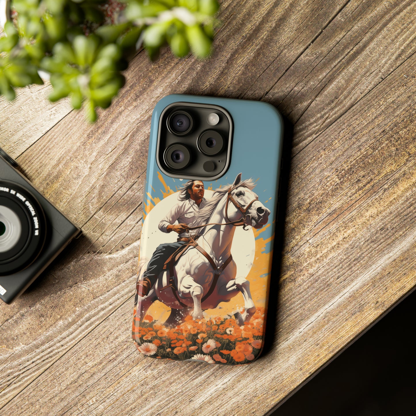 Retro Radiance Unleashed: Behold our Tough Western Cell Phone Case, featuring a vintage white horse and male rider on a vibrant turquoise backdrop. Set in a field of flowers with the sun casting a warm glow, this edition seamlessly blends style with protection. Embrace the past with this retro and stylish accessory. #ElizaSinger #PhoneCase #RetroRadiance