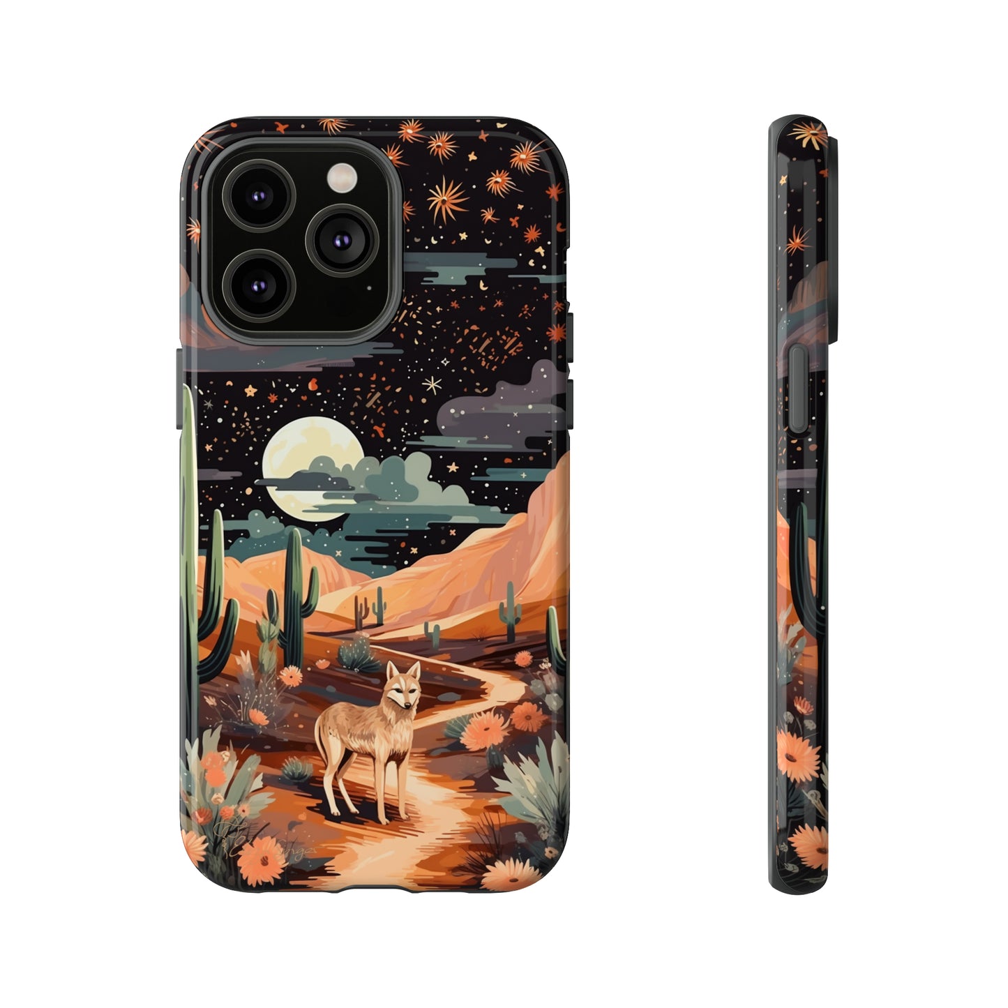 Unveiling our Tough Western Cell Phone Case: Stellar Desert Jackal Edition! Embrace the beauty of the night with a jackal in a desert landscape, under a starry sky, surrounded by cacti. This case provides rugged protection with a touch of celestial elegance.