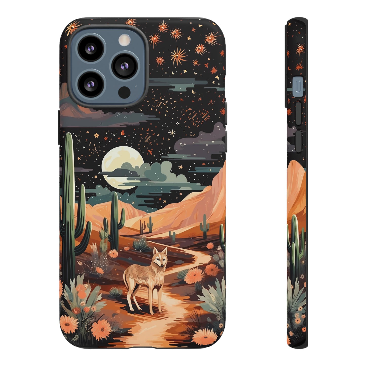 Introducing our Tough Western Cell Phone Case: Twilight Desert Jackal Remix Edition! A variation of our popular design, this edition features a jackal in a desert landscape with a starry night sky and cacti. Get ready for a unique twist on classic rugged protection.