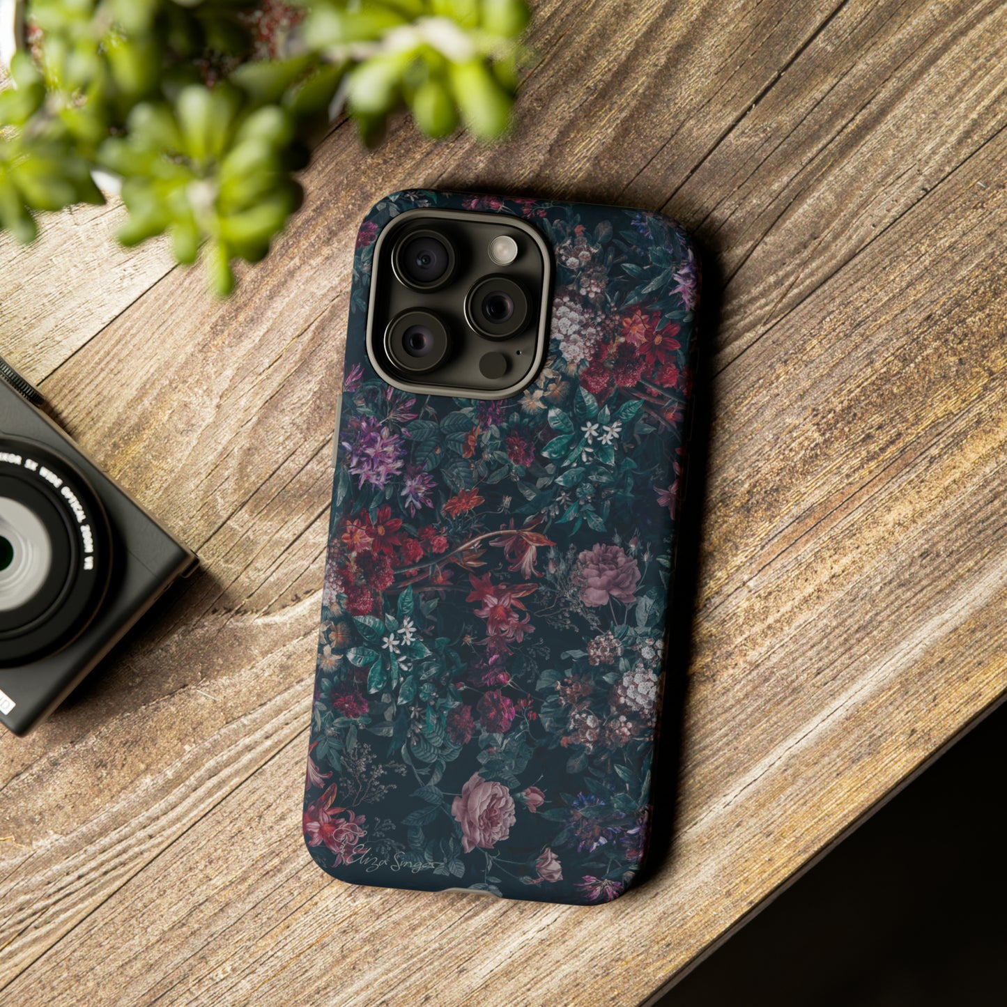 Blooms in Shadows: Botany Floral Dark iPhone Tough Protective Cover. A captivating blend of Flowers in a muted design, compatible with iPhone 15, 14, 13, 12, 11, XS, XR Pro/Max/Mini/P/Plus. Unleash Nature's Elegance with Durability and Style. #ElizaSinger #PhoneCase #FloralDesign