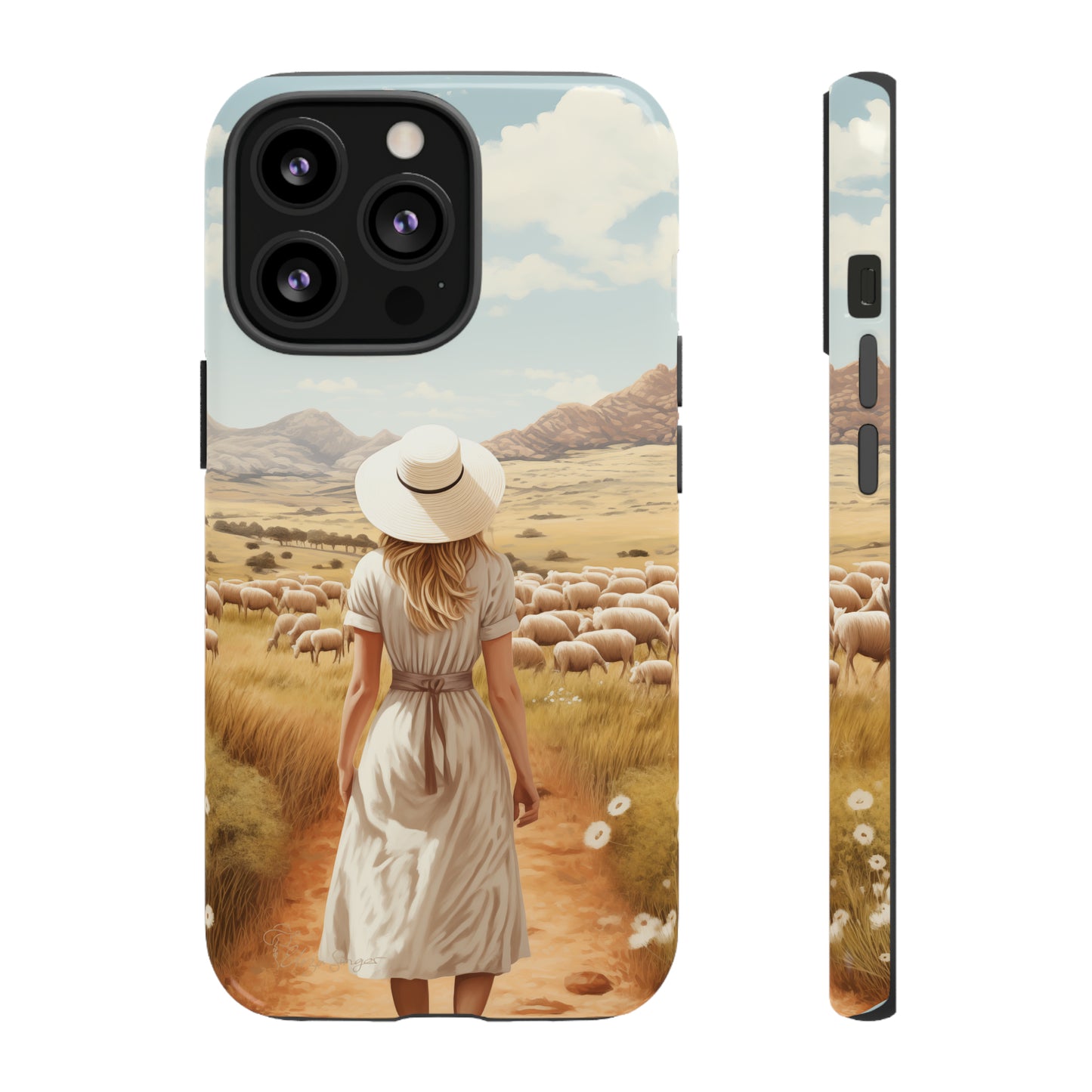 Dreamy Nostalgia: Immerse yourself in a vintage painted landscape with our Tough Western Cell Phone Case. Adorned with a woman in a hat strolling through a prairie with sheep, this edition captures the magic of the past. Elevate your phone with timeless charm. #ElizaSinger #PhoneCase