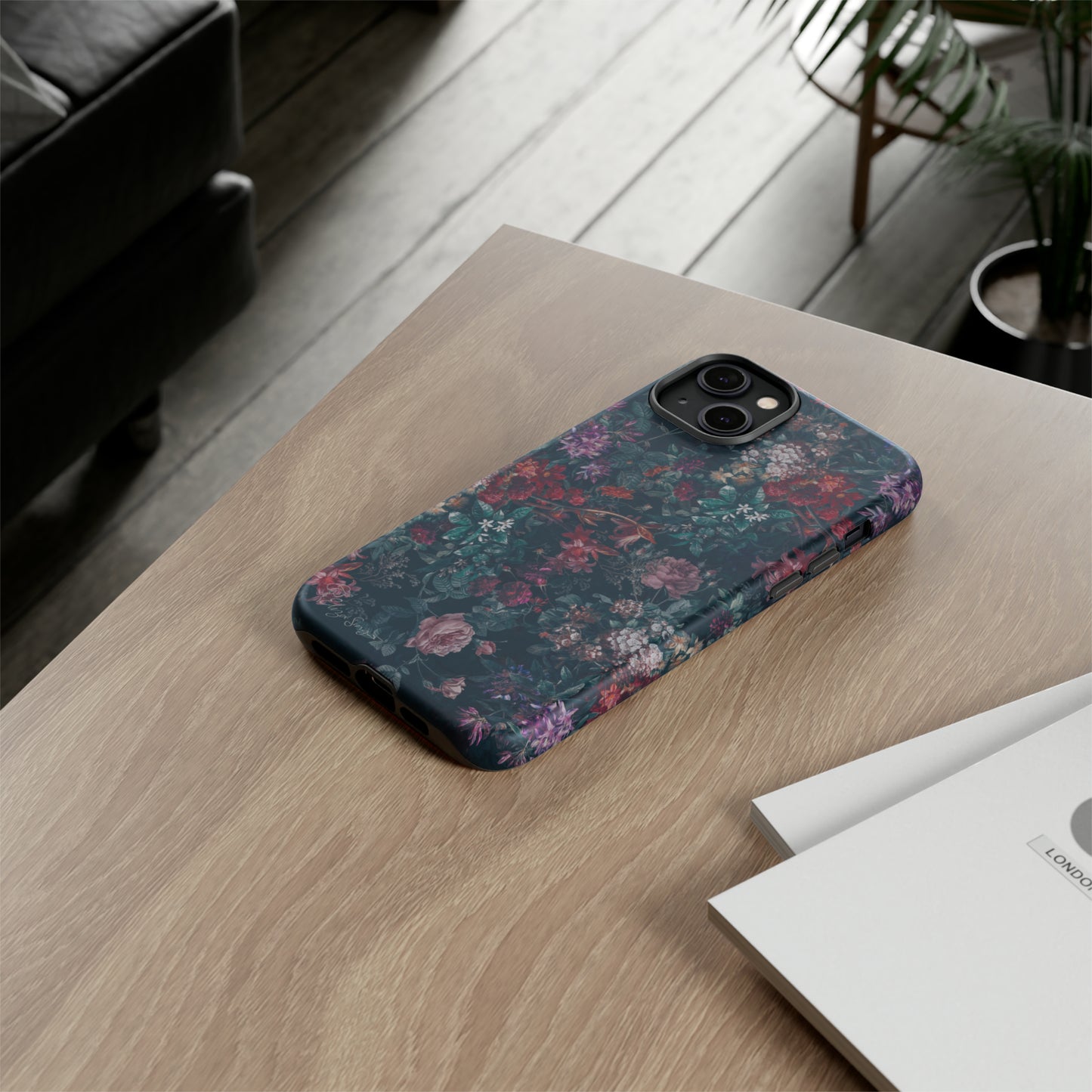 Blooms in Shadows: Botany Floral Dark iPhone Tough Protective Cover. A captivating blend of Flowers in a muted design, compatible with iPhone 15, 14, 13, 12, 11, XS, XR Pro/Max/Mini/P/Plus. Unleash Nature's Elegance with Durability and Style. #ElizaSinger #PhoneCase #FloralDesign