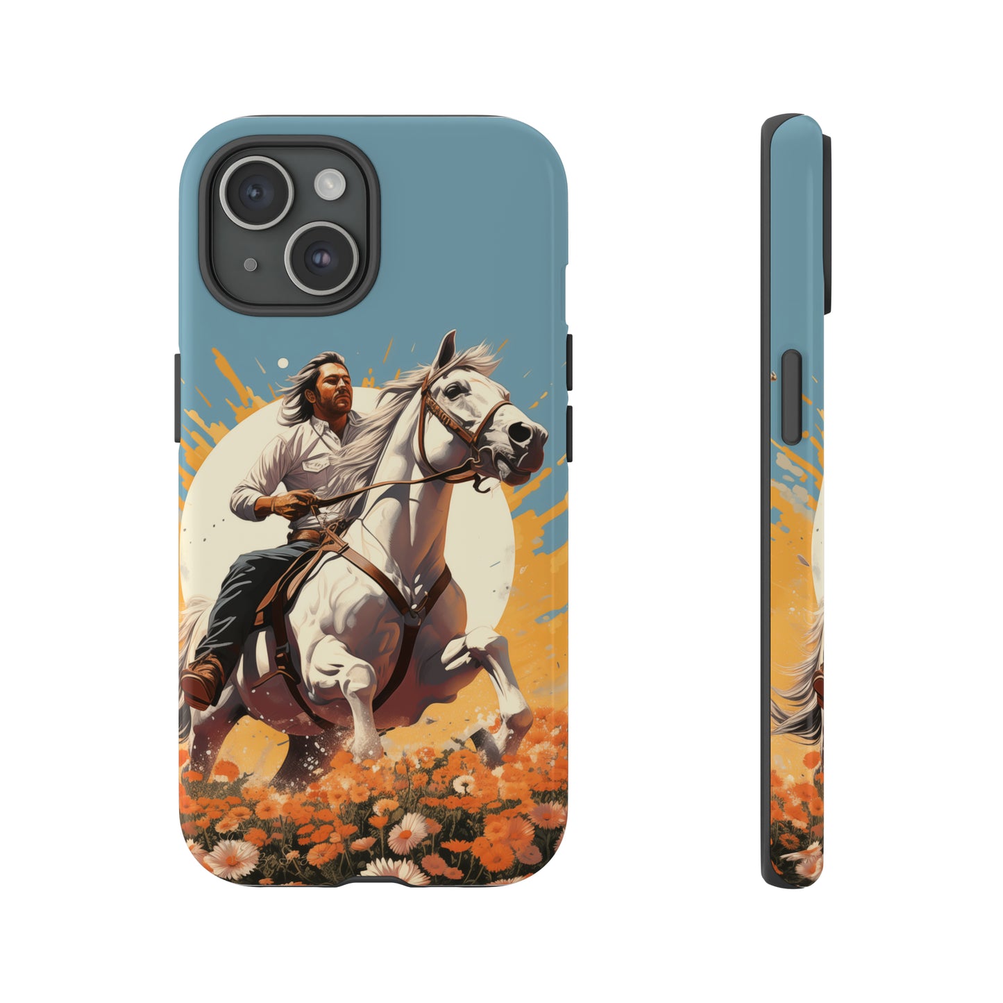 Retro Radiance Unleashed: Behold our Tough Western Cell Phone Case, featuring a vintage white horse and male rider on a vibrant turquoise backdrop. Set in a field of flowers with the sun casting a warm glow, this edition seamlessly blends style with protection. Embrace the past with this retro and stylish accessory. #ElizaSinger #PhoneCase #RetroRadiance