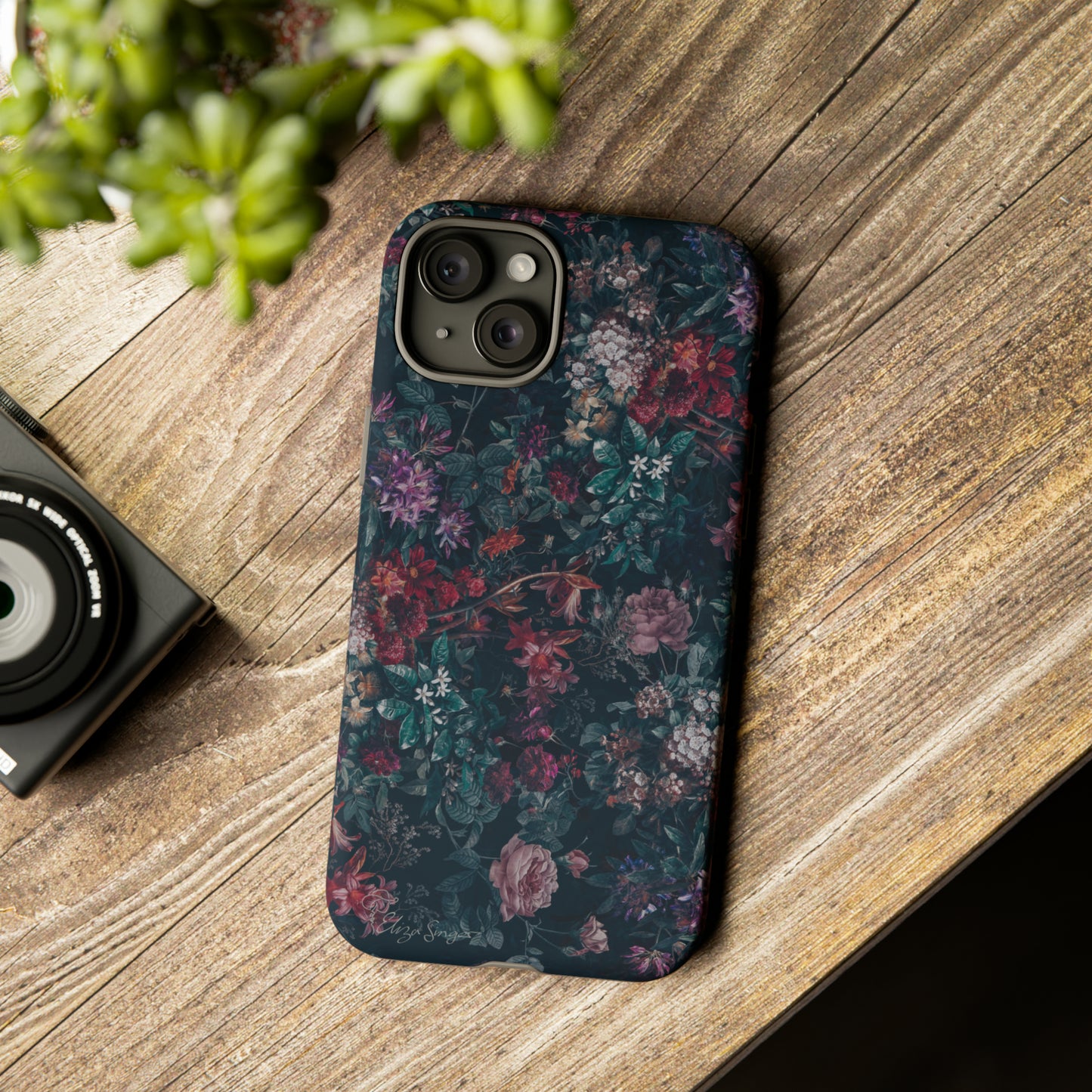 Blooms in Shadows: Botany Floral Dark iPhone Tough Protective Cover. A captivating blend of Flowers in a muted design, compatible with iPhone 15, 14, 13, 12, 11, XS, XR Pro/Max/Mini/P/Plus. Unleash Nature's Elegance with Durability and Style. #ElizaSinger #PhoneCase #FloralDesign