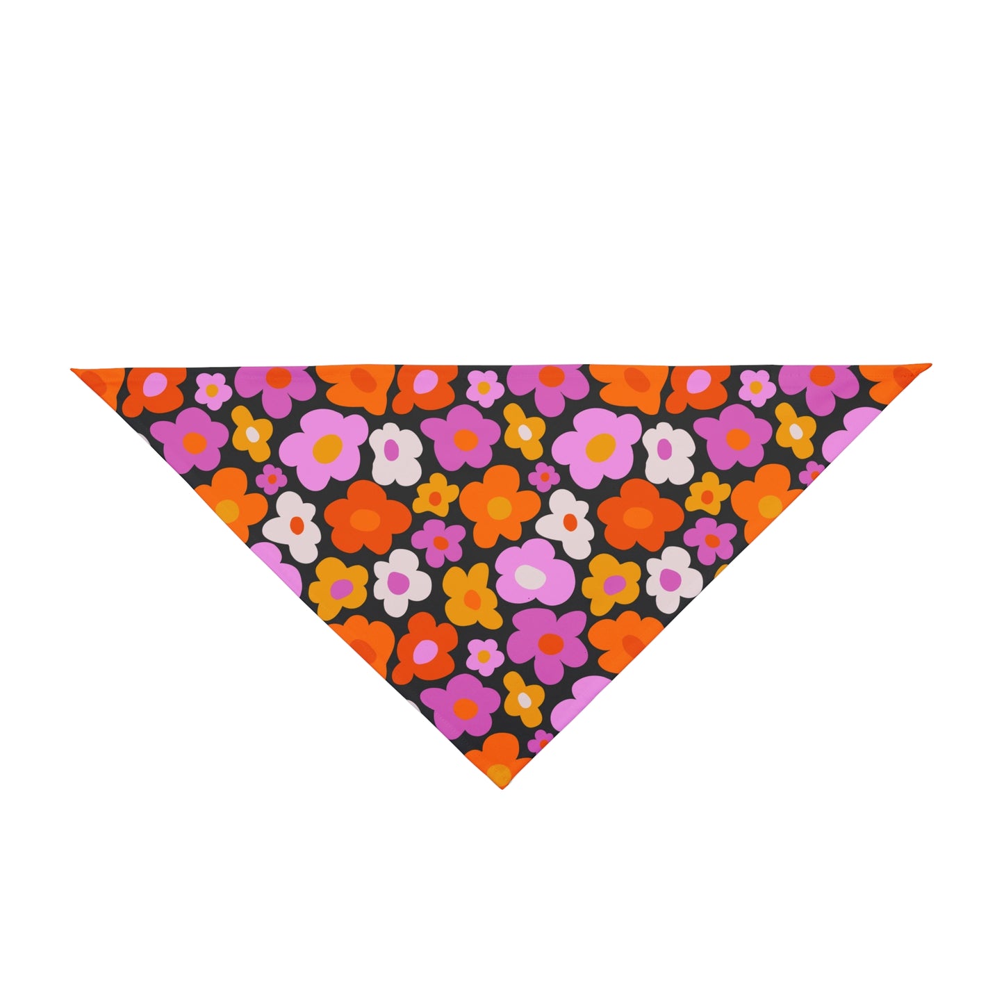 Infuse a bit of retro charm into your dog's style with our Groovy Daisy Dog Bandana/Wild Rag. The groovy daisy pattern in pink, orange, and white on a black background adds a playful and vibrant touch. Crafted from soft-spun polyester, this wild rag ensures comfort and style. Make a fashion statement on every adventure with this exclusive design, available only at Eliza Singer.