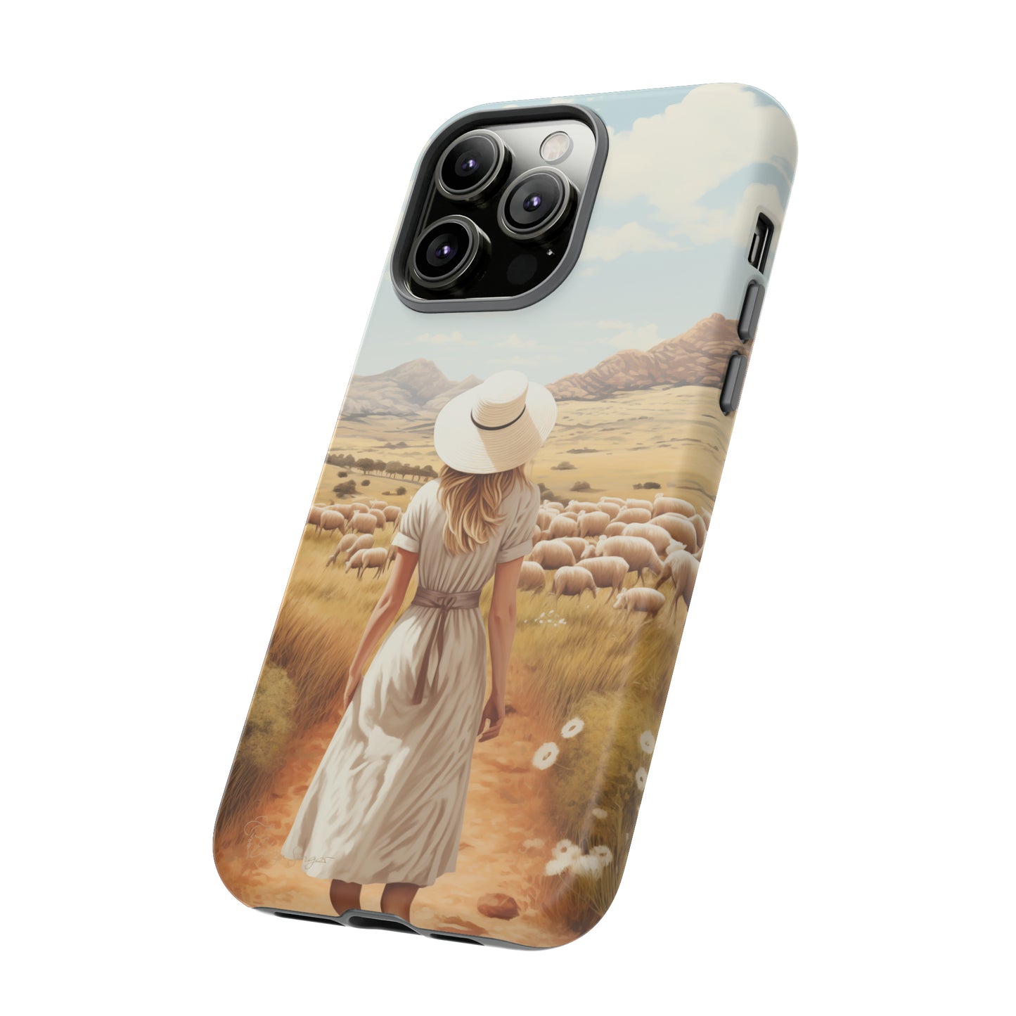 Dreamy Nostalgia: Immerse yourself in a vintage painted landscape with our Tough Western Cell Phone Case. Adorned with a woman in a hat strolling through a prairie with sheep, this edition captures the magic of the past. Elevate your phone with timeless charm. #ElizaSinger #PhoneCase