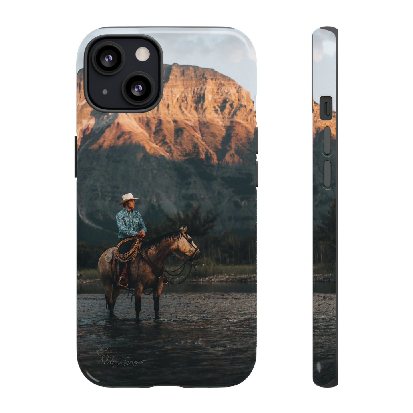 Capture the Wild: Horse Art Western Photo Yellowstone Design iPhone Tough Protective Cover. Featuring a Cowboy amidst Mountains and Buckskin hues, compatible with iPhone 15, 14, 13, XS, XR Pro/Max/Mini/P/Plus. Embrace the Spirit of the West with Style and Durability. #ElizaSinger #PhoneCase #WesternDesign