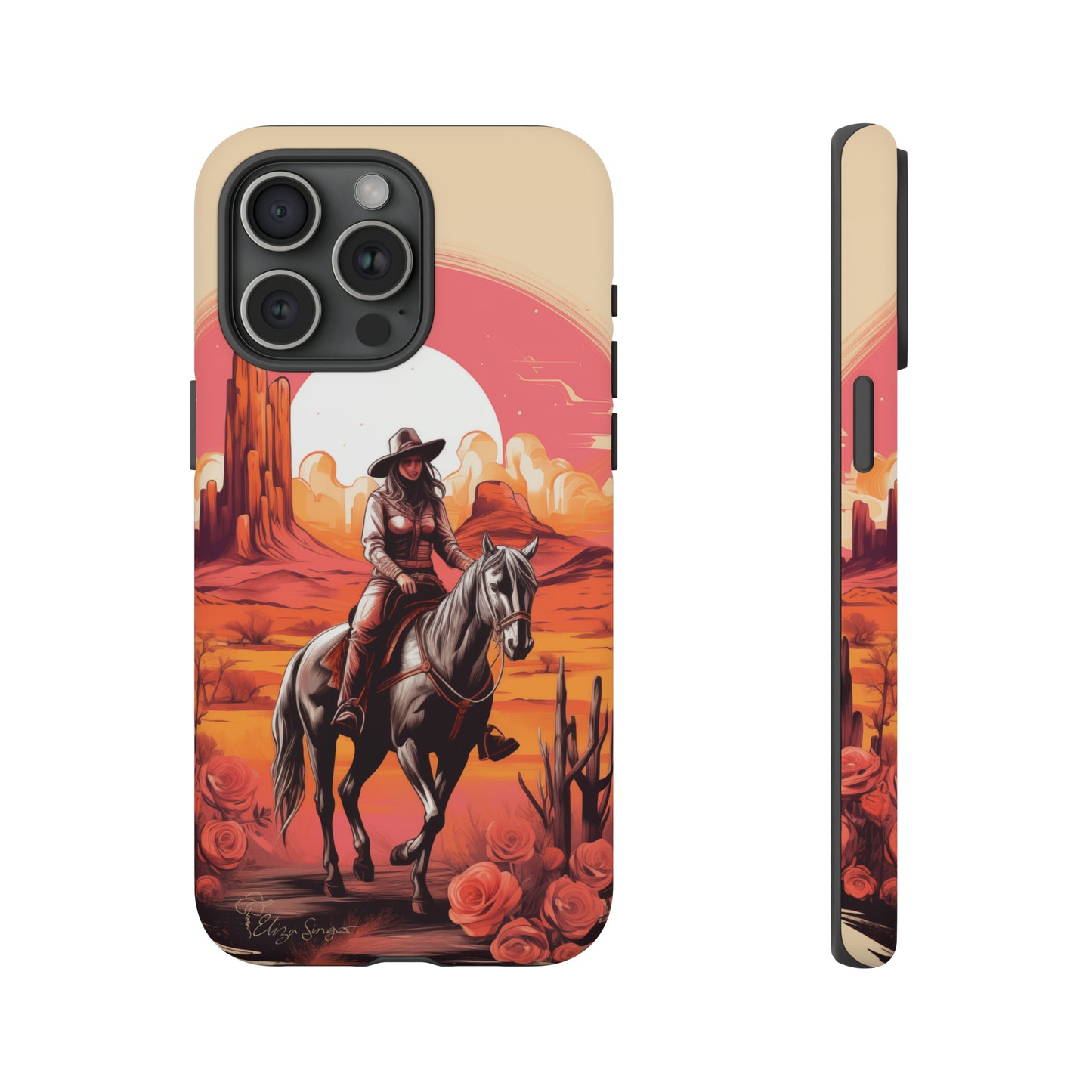 Feminine Adventure Unleashed: Introducing our Tough Western Cell Phone Case, adorned with a stunning design of a cowgirl riding a horse through the desert, surrounded by shades of coral. This unique edition seamlessly combines rugged protection with a touch of feminine flair. Elevate your style with a dash of adventurous charm. #ElizaSinger #PhoneCase #FeminineAdventure