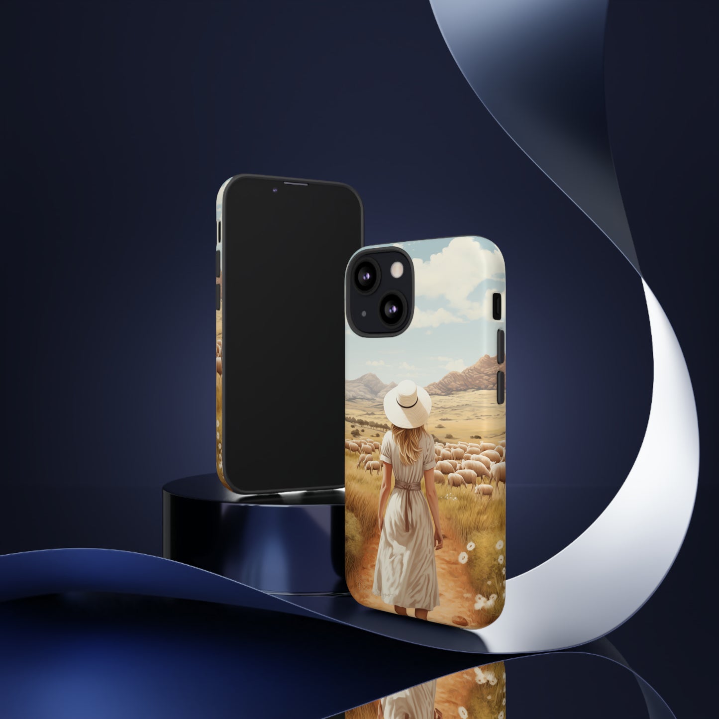 Dreamy Nostalgia: Immerse yourself in a vintage painted landscape with our Tough Western Cell Phone Case. Adorned with a woman in a hat strolling through a prairie with sheep, this edition captures the magic of the past. Elevate your phone with timeless charm. #ElizaSinger #PhoneCase