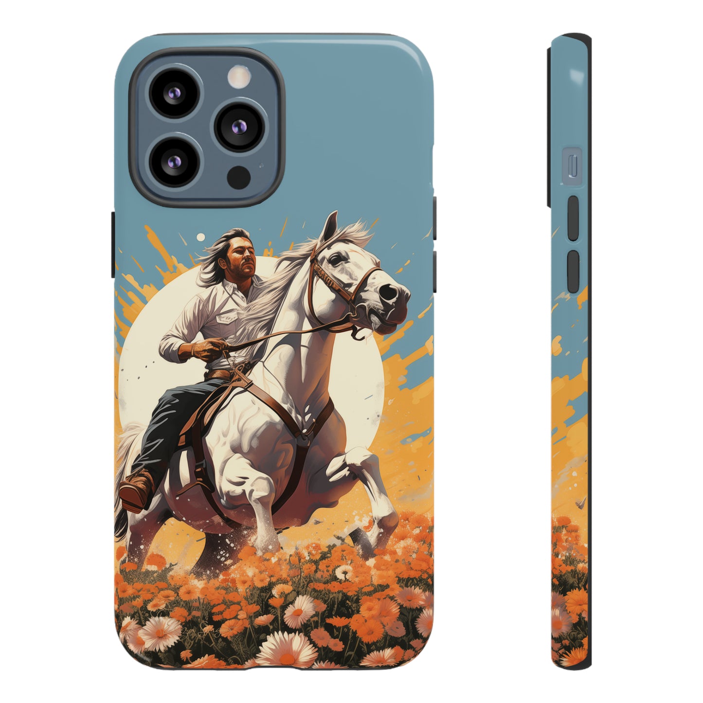 Retro Radiance Unleashed: Behold our Tough Western Cell Phone Case, featuring a vintage white horse and male rider on a vibrant turquoise backdrop. Set in a field of flowers with the sun casting a warm glow, this edition seamlessly blends style with protection. Embrace the past with this retro and stylish accessory. #ElizaSinger #PhoneCase #RetroRadiance