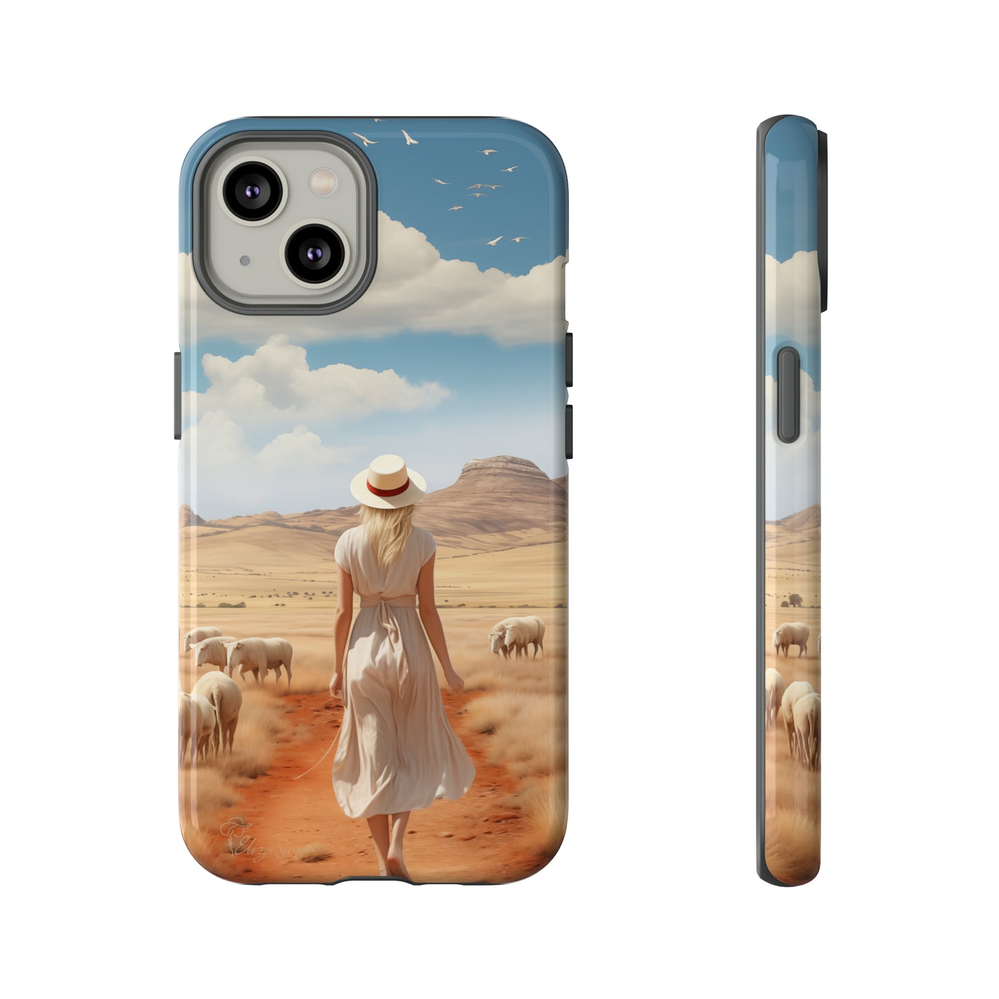Serenity in Hand: Our Tough Western Cell Phone Case invites you to experience tranquility. A vintage painted design portrays a woman in a skirt and hat walking on a dirt road through a prairie, with grazing sheep. Let the vanishing horizon captivate your senses. Elevate your phone with timeless beauty. #ElizaSinger #PhoneCase