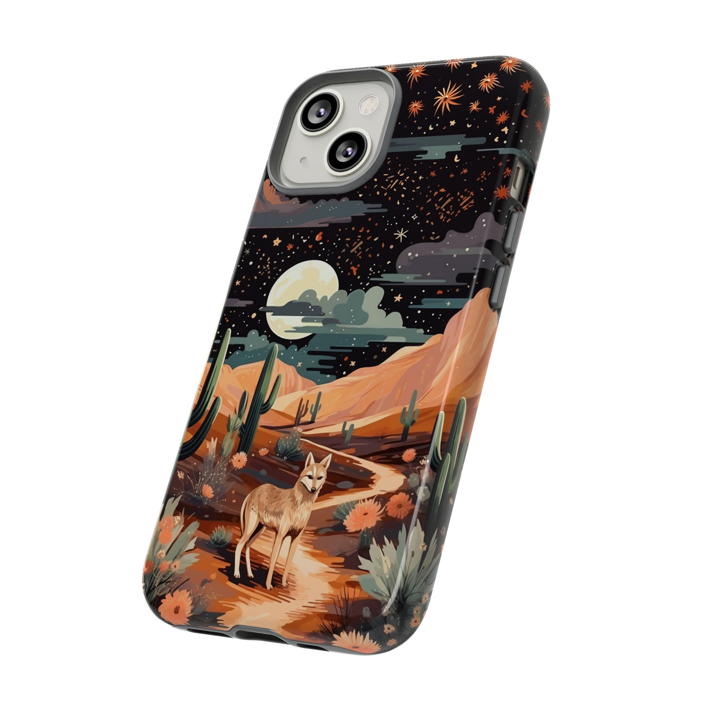 Unveiling our Tough Western Cell Phone Case: Stellar Desert Jackal Edition! Embrace the beauty of the night with a jackal in a desert landscape, under a starry sky, surrounded by cacti. This case provides rugged protection with a touch of celestial elegance.