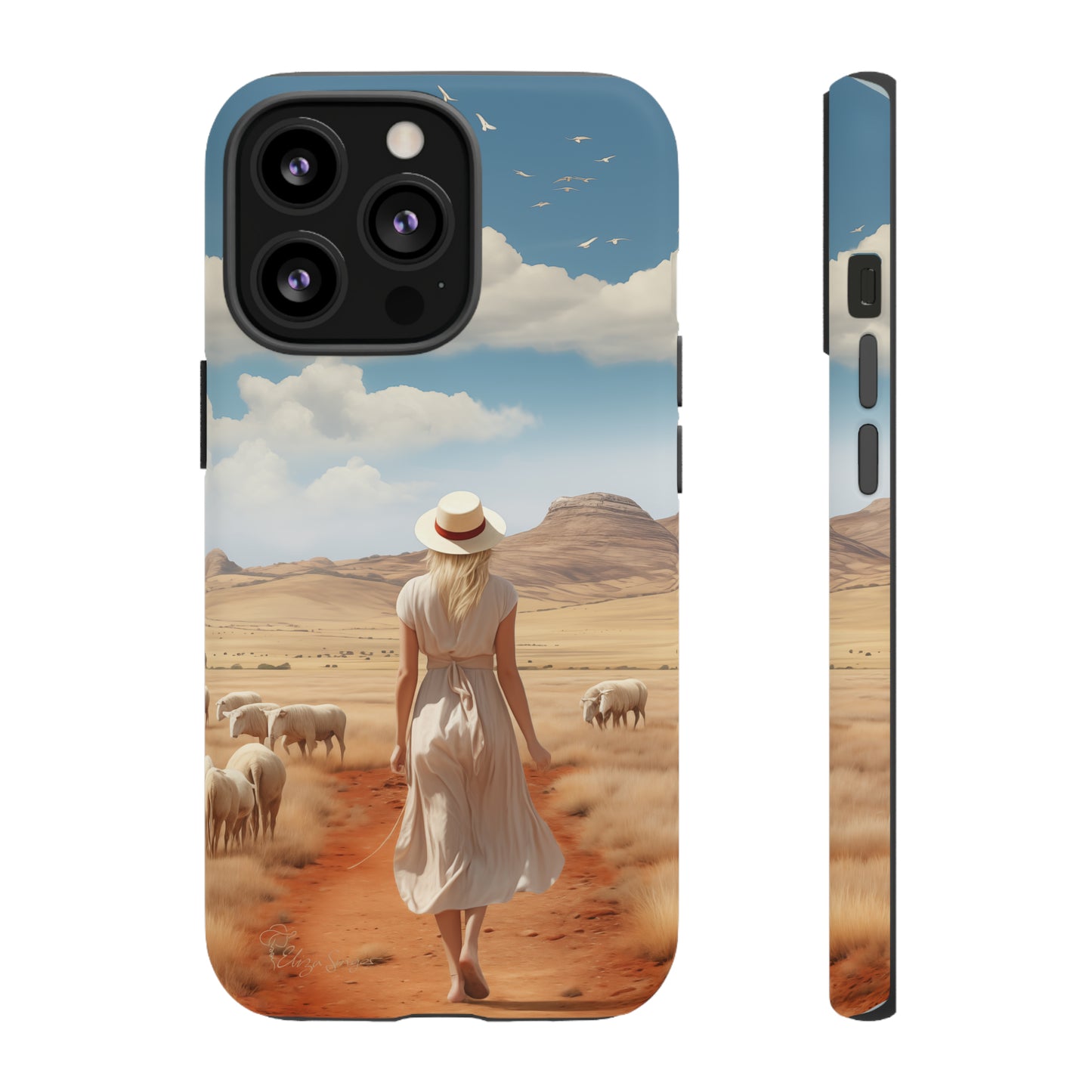 Serenity in Hand: Our Tough Western Cell Phone Case invites you to experience tranquility. A vintage painted design portrays a woman in a skirt and hat walking on a dirt road through a prairie, with grazing sheep. Let the vanishing horizon captivate your senses. Elevate your phone with timeless beauty. #ElizaSinger #PhoneCase