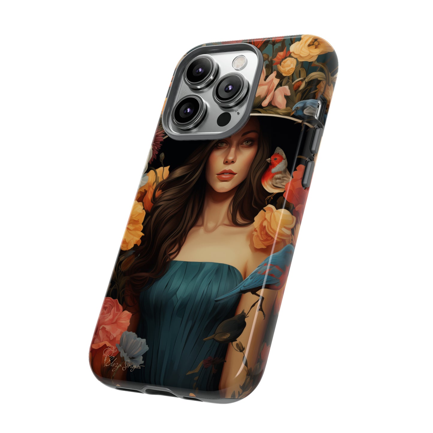 Dark Elegance Unveiled: Explore our Tough Cell Phone Case with a captivating dark background and a woman adorned with a hat amid blooming flowers. This edition seamlessly blends sophistication with robust protection, showcasing the allure of dark elegance. Elevate your style and shield your device. #ElizaSinger #PhoneCase #ElegantProtection
