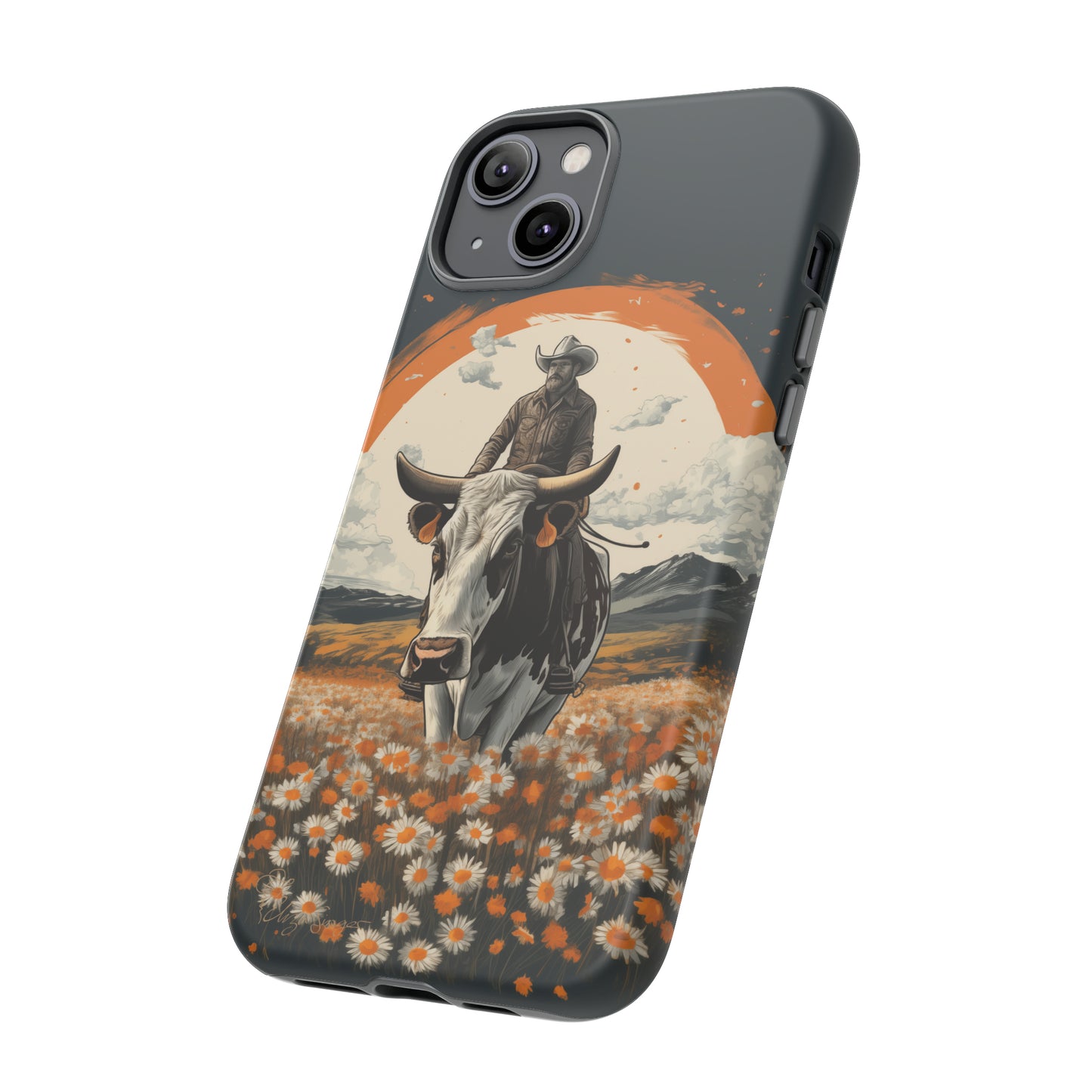 Meet 'Rugged Wrangler': Introducing our Tough Western Cell Phone Case. This unique design seamlessly combines rugged protection with a touch of whimsy, showcasing a fearless cowboy astride a dairy cow amidst a field of vibrant daisies. Elevate your style with this adventurous and protective accessory. #ElizaSinger #PhoneCase #RuggedWrangler