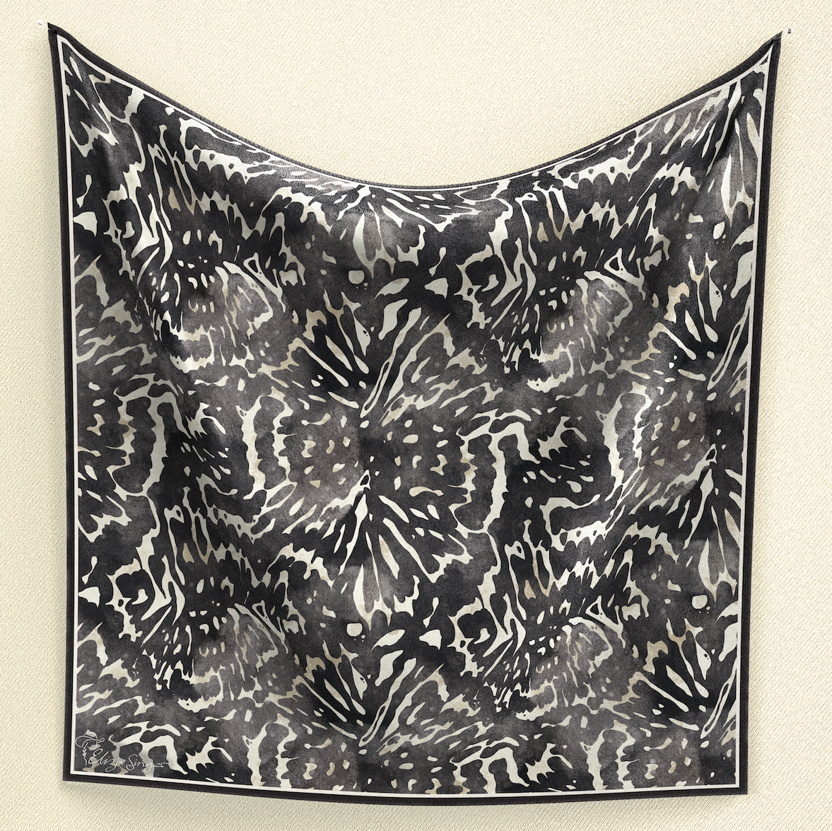 Channel your wild side with Abstract Wilderness Wild Rag. Crafted from poly/mulberry silk, this 35" square features a beige background adorned with an abstract black animal print-inspired motif, adding boldness and contemporary flair to your ensemble.