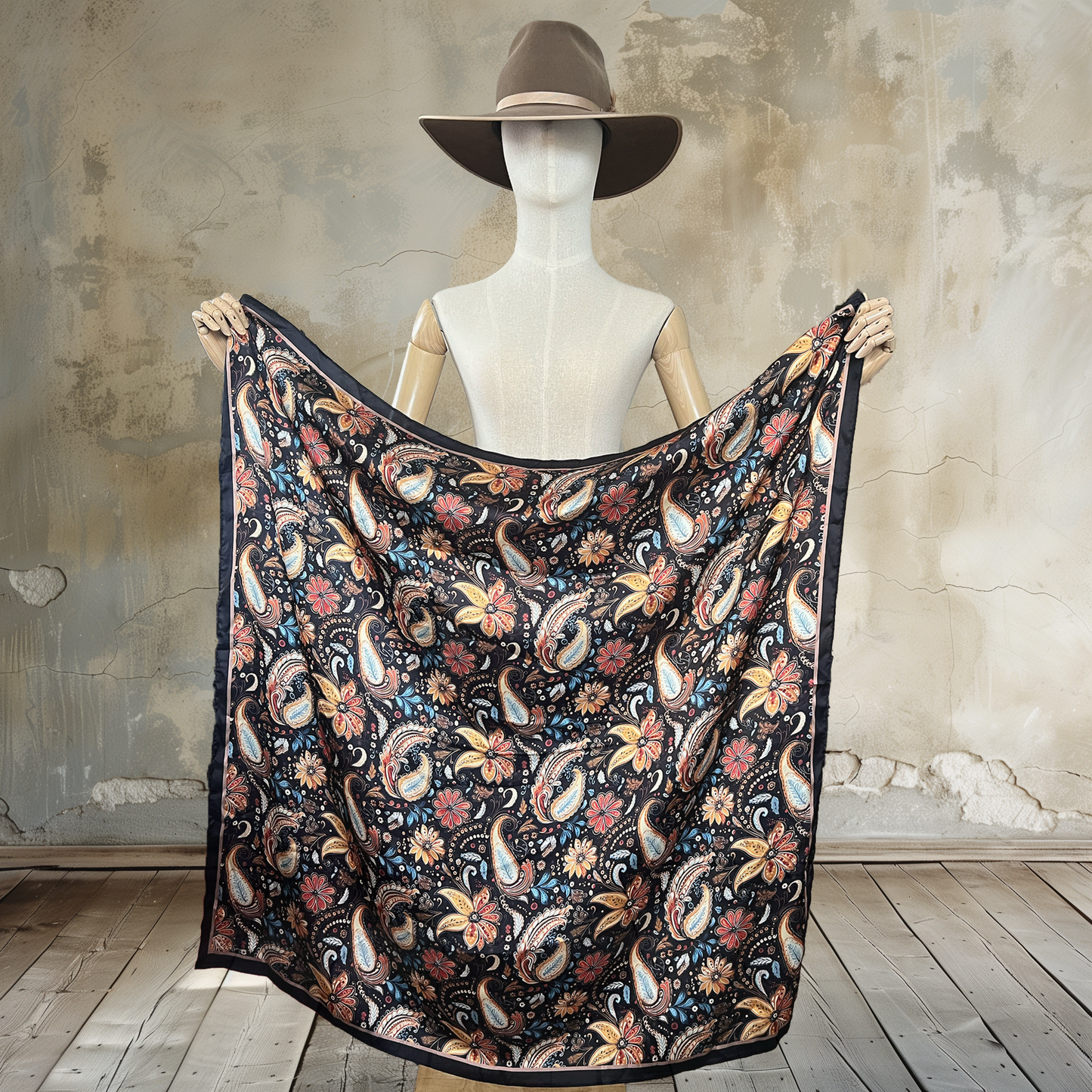 Feel the crisp fall air with our Autumn Whispers Wild Rag. Crafted from
100% satin silk, this 39" square features a harmonious blend of fall tones in paisley and florals. Wrap yourself in the warmth of autumn, no matter the season.