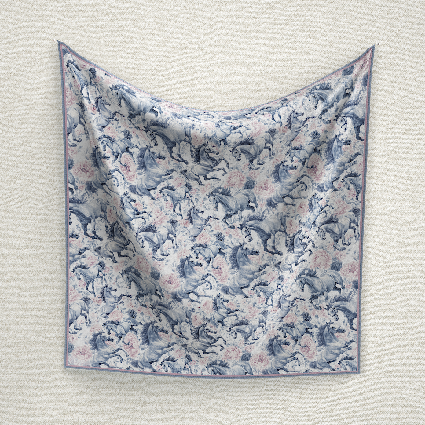 A bold and elegant wild rag featuring galloping horses and blush florals on luxurious satin silk. Diagonal layout ensures upright design when worn. Exclusive Eliza Singer signature.