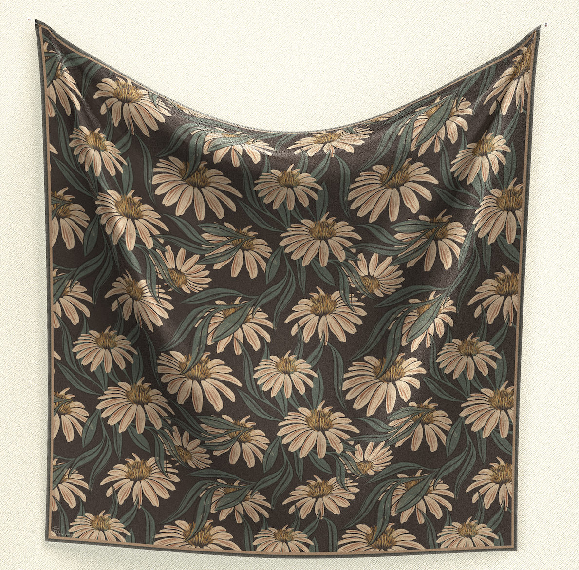 Embrace bohemian chic with Boho Meadows Wild Rag. Muted shades of brown form intricate daisy patterns on this 35" square of poly/mulberry silk. Elevate your style with this free-spirited and versatile accessory.
