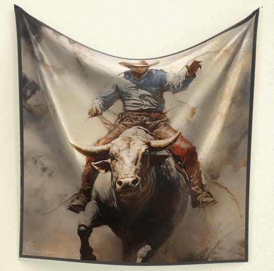Capture the rodeo spirit with Bullrider Serenity Wild Rag. Crafted from poly/mulberry silk, this 35" square features a watercolor painting-style bullrider in serene grey tones, adding an artistic and captivating touch to your Western ensemble.