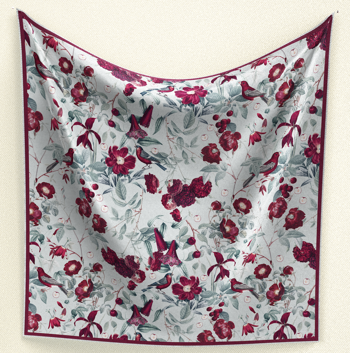 Step into elegance with Cherry Blossom Serenade Wild Rag. A light blue background adorned with burgundy cherry blossoms and birds graces this 35" square of poly/mulberry silk. Elevate your outfit with this timeless accessory.