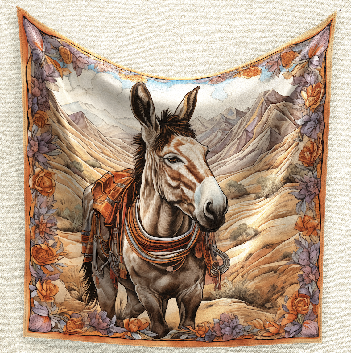 Explore the desert with Desert Mule Harmony Wild Rag. Crafted from poly/mulberry silk, this 35" square features a mule in the desert, surrounded by orange and purple florals, adding a unique and vibrant touch to your ensemble.