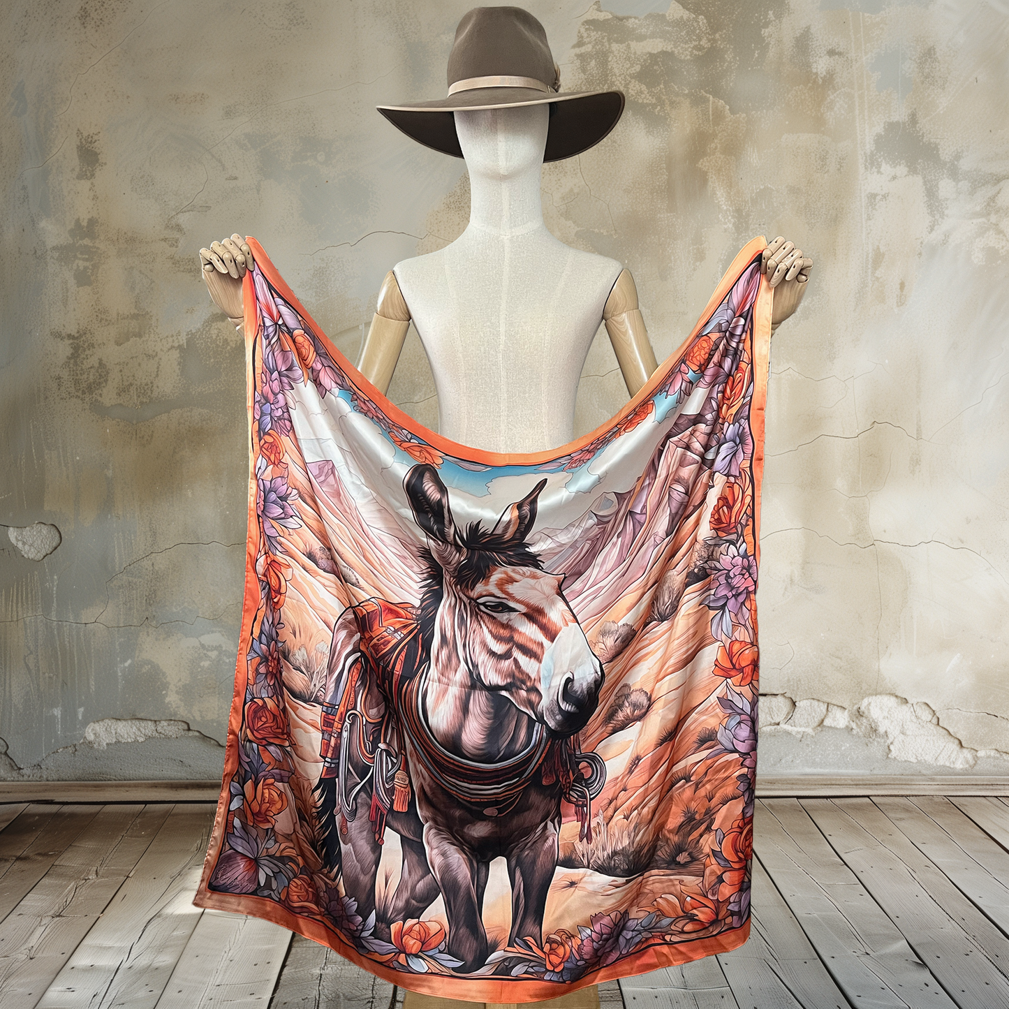 Explore the desert with Desert Mule Harmony Wild Rag. A mule in the desert, surrounded by orange and purple florals, forms a harmonious border on this 39" square of 100% satin silk. Elevate your style with this unique and vibrant accessory.