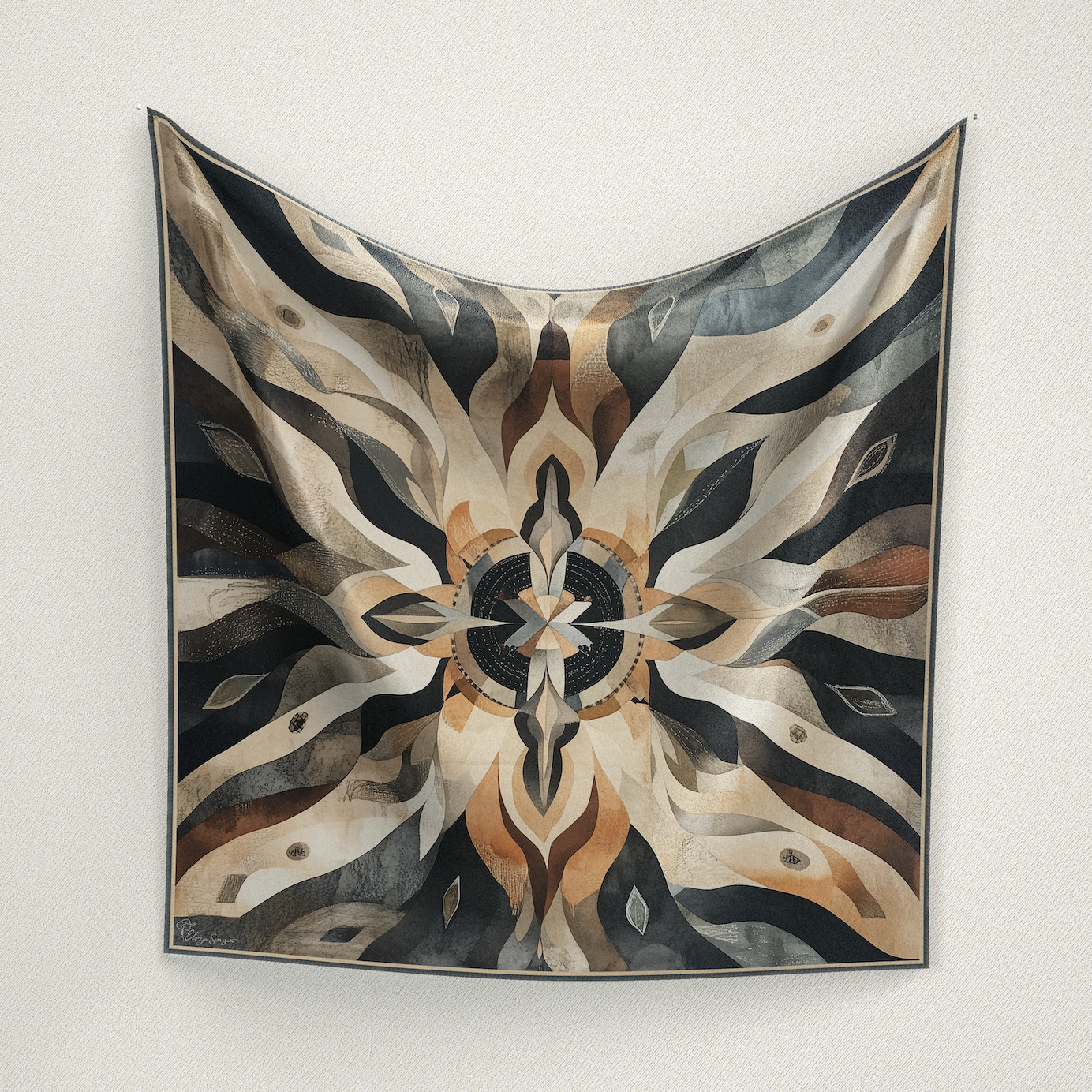 Gender-neutral wild rag with abstract Southwestern art in earthy tones. Hand-painted elements on satin silk. Signed by Eliza Singer for exclusivity.