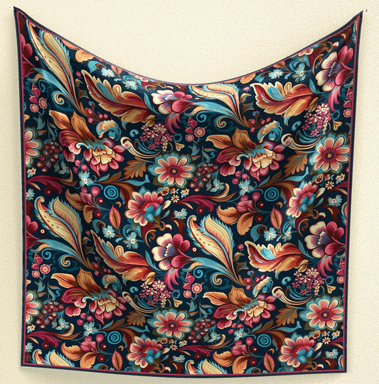 Elevate your style with Floral Symphony in Blue Wild Rag. Crafted from poly/mulberry silk, this 35" square features a dark blue background adorned with cheerful flowers and paisley-style leaves in a vibrant array of colors.