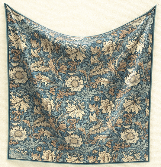 Revel in sophistication with Foliage Elegance Wild Rag. Crafted from poly/mulberry silk, this 35" square features a William Morris-style design with denim and beige foliage, adding a touch of tooled leather style to your ensemble.