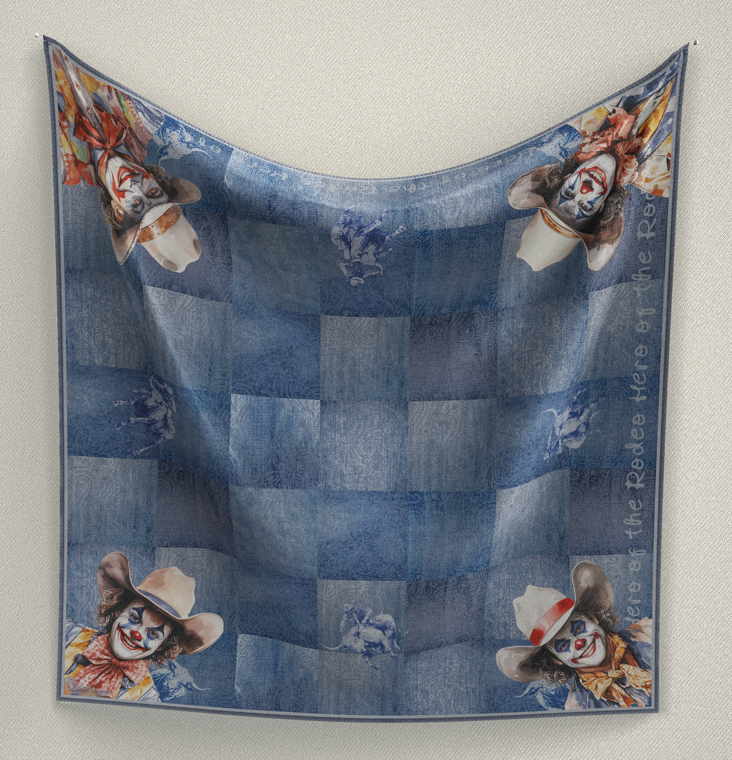 Celebrate the unsung heroes with this Rodeo Clown Wild Rag by Eliza Singer. Denim patchwork, sketched bulls, and 4 unique clown portraits. Satin silk.