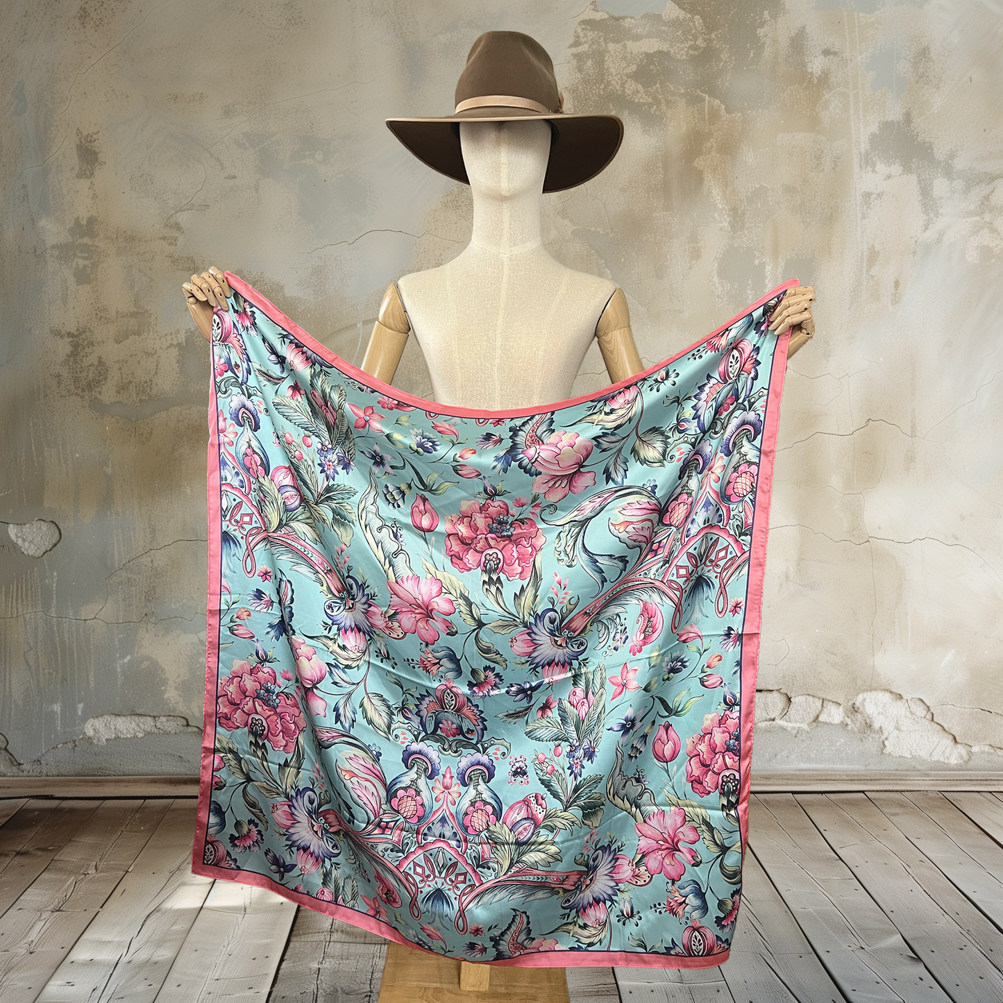 Adorn yourself with Ornate Opulence Wild Rag. A vibrant pink, purple, and green ornate pattern graces a turquoise background on this 39" square of
100% satin silk. Make a statement with this luxurious and bold accessory.