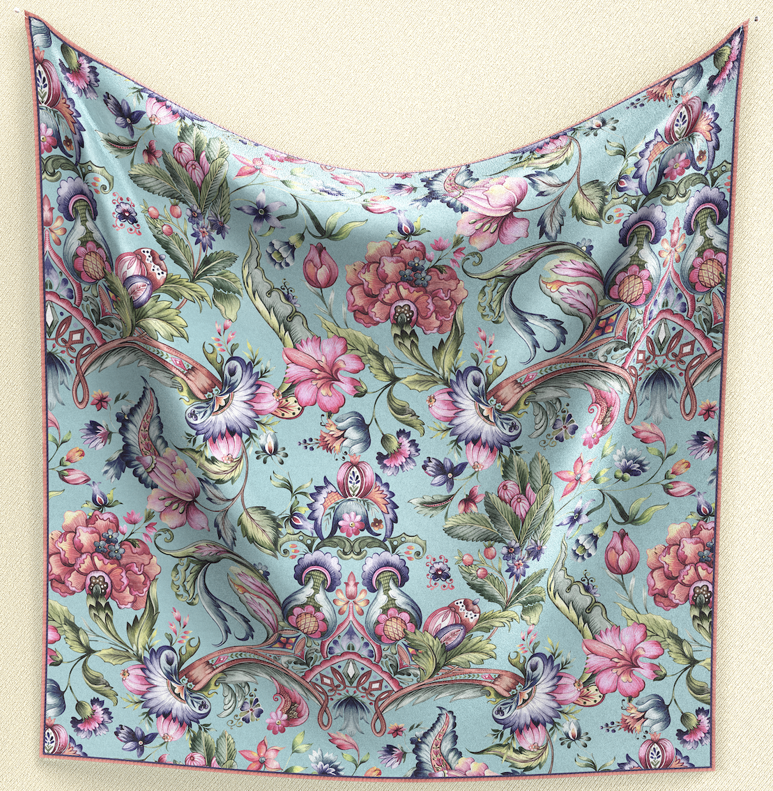 Make a statement with Ornate Opulence Wild Rag. Crafted from poly/mulberry silk, this 35" square features a vibrant pink, purple, and green ornate pattern on a turquoise background, adding opulence to your ensemble.